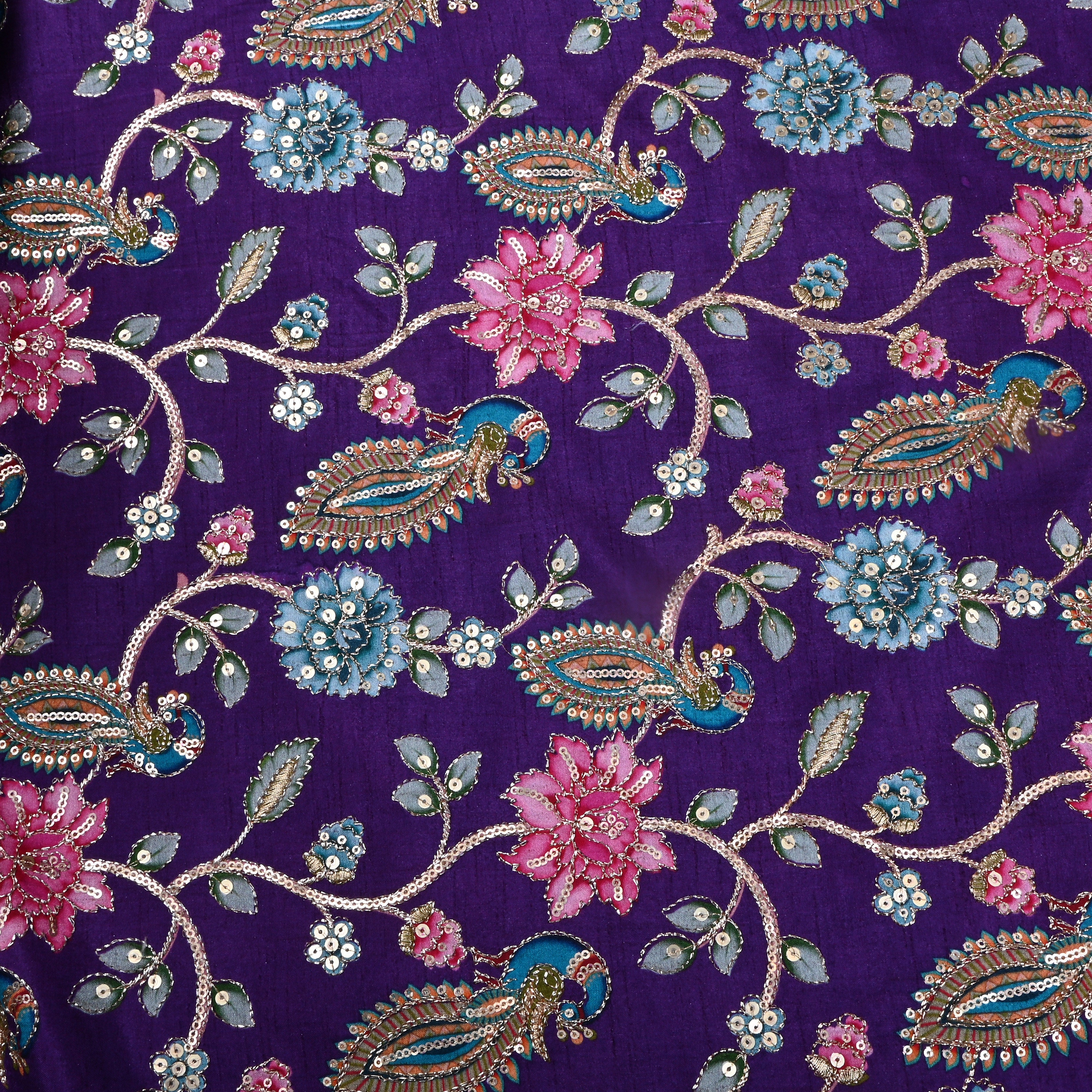 Rich Purple Floral Printed Silk Fabric