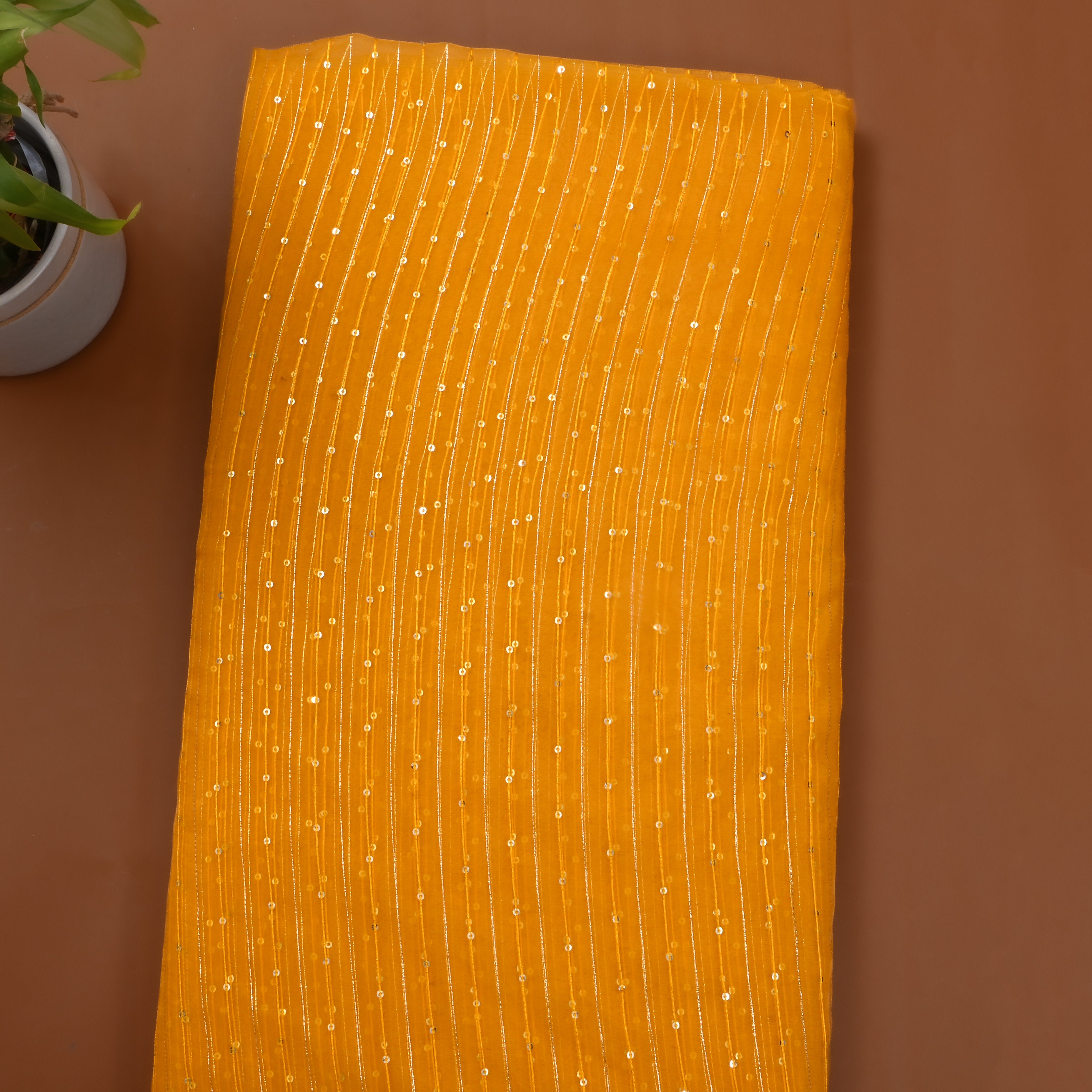 Bright Yellow Embroidered Organza Fabric