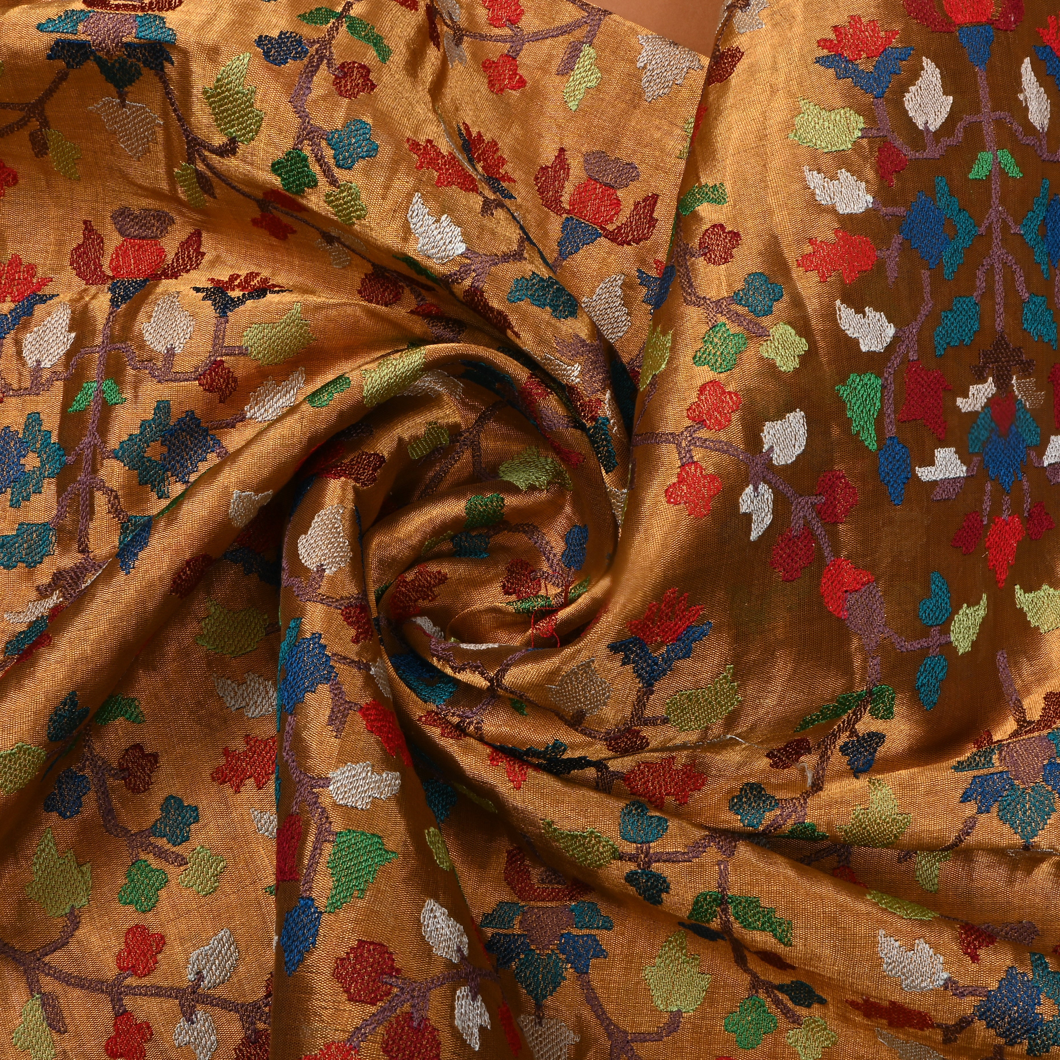 Golden Thread Embroidered Floral Tissue Fabric