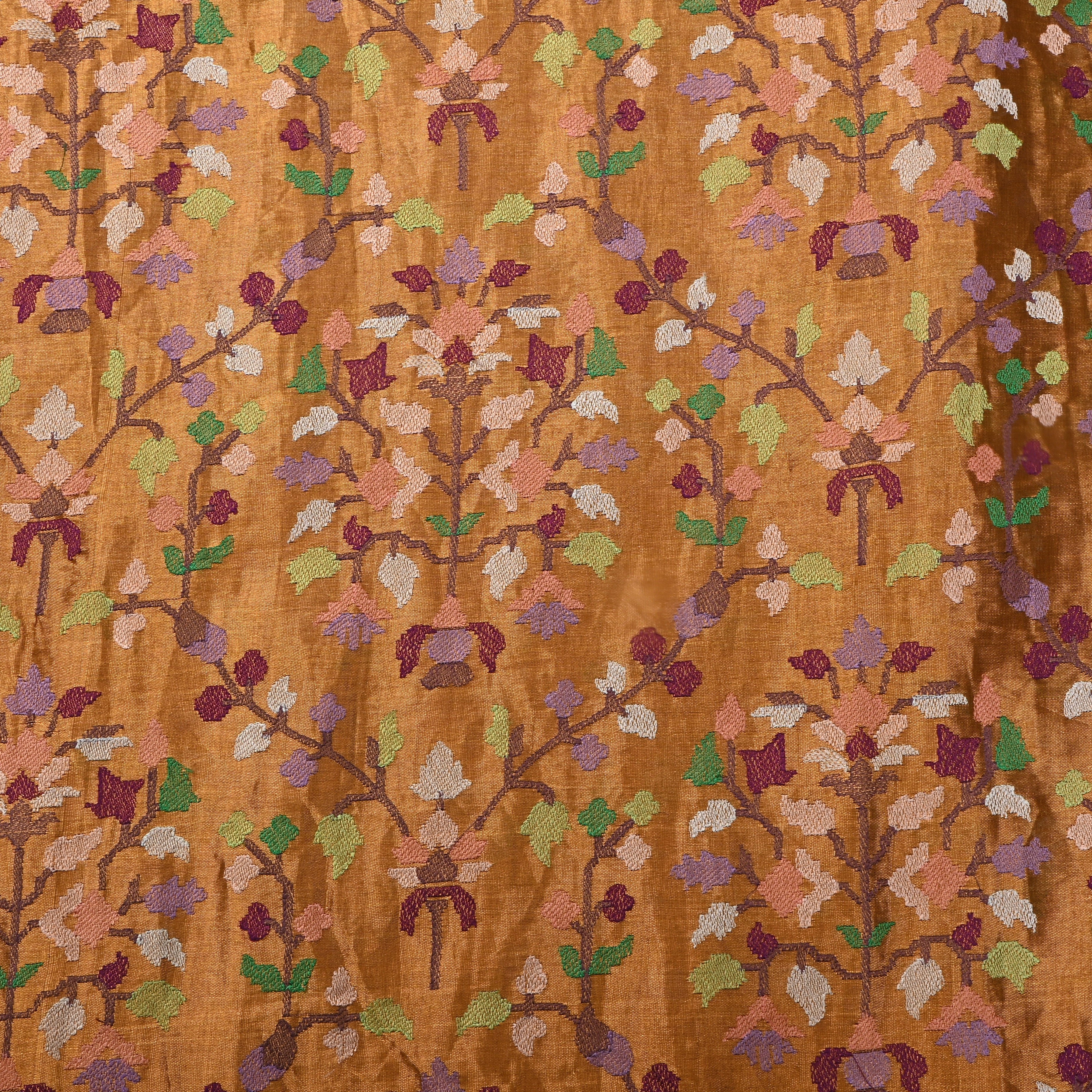 Golden Floral Thread Embroidered Tissue Fabric