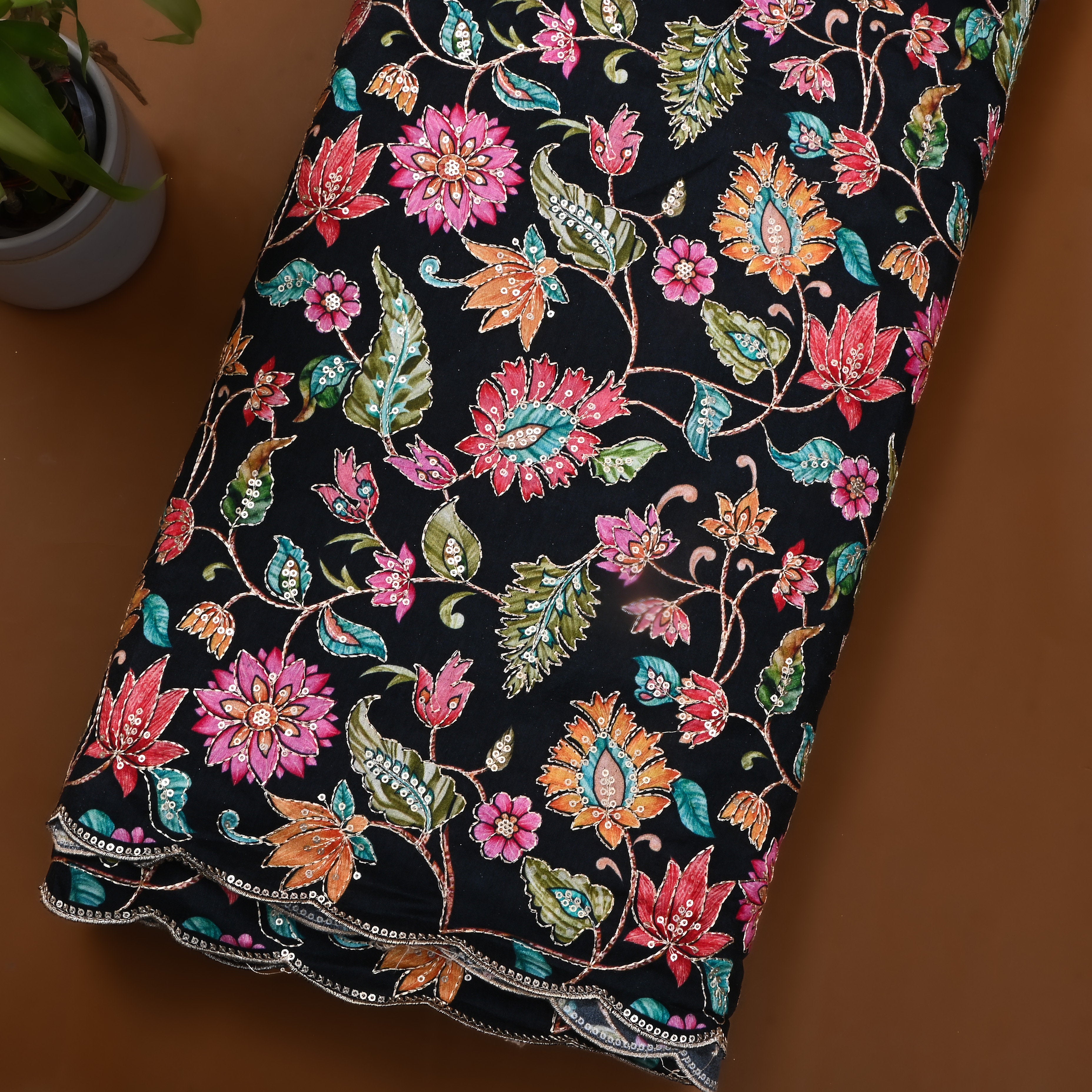Black Floral Printed Silk Fabric