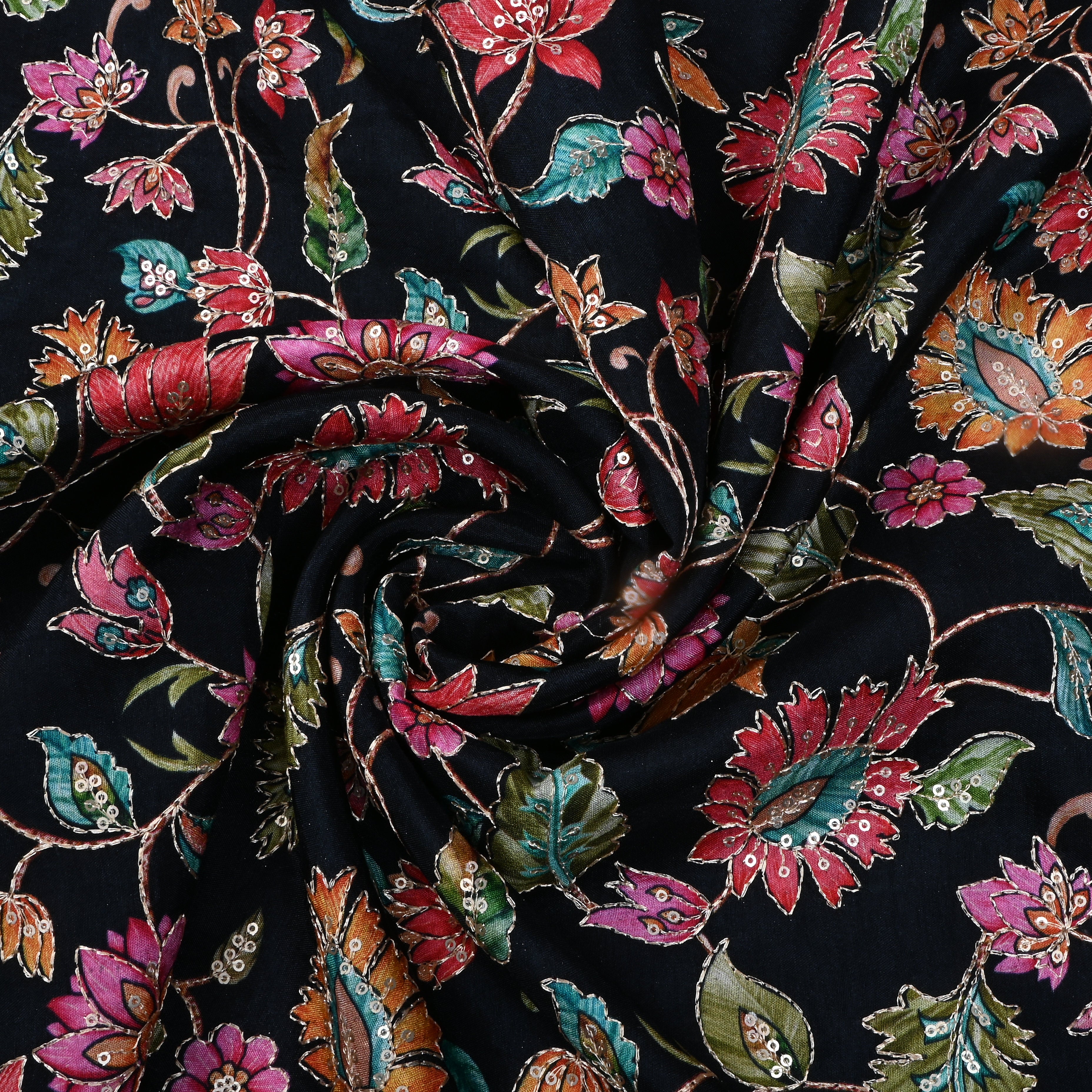 Black Floral Printed Silk Fabric