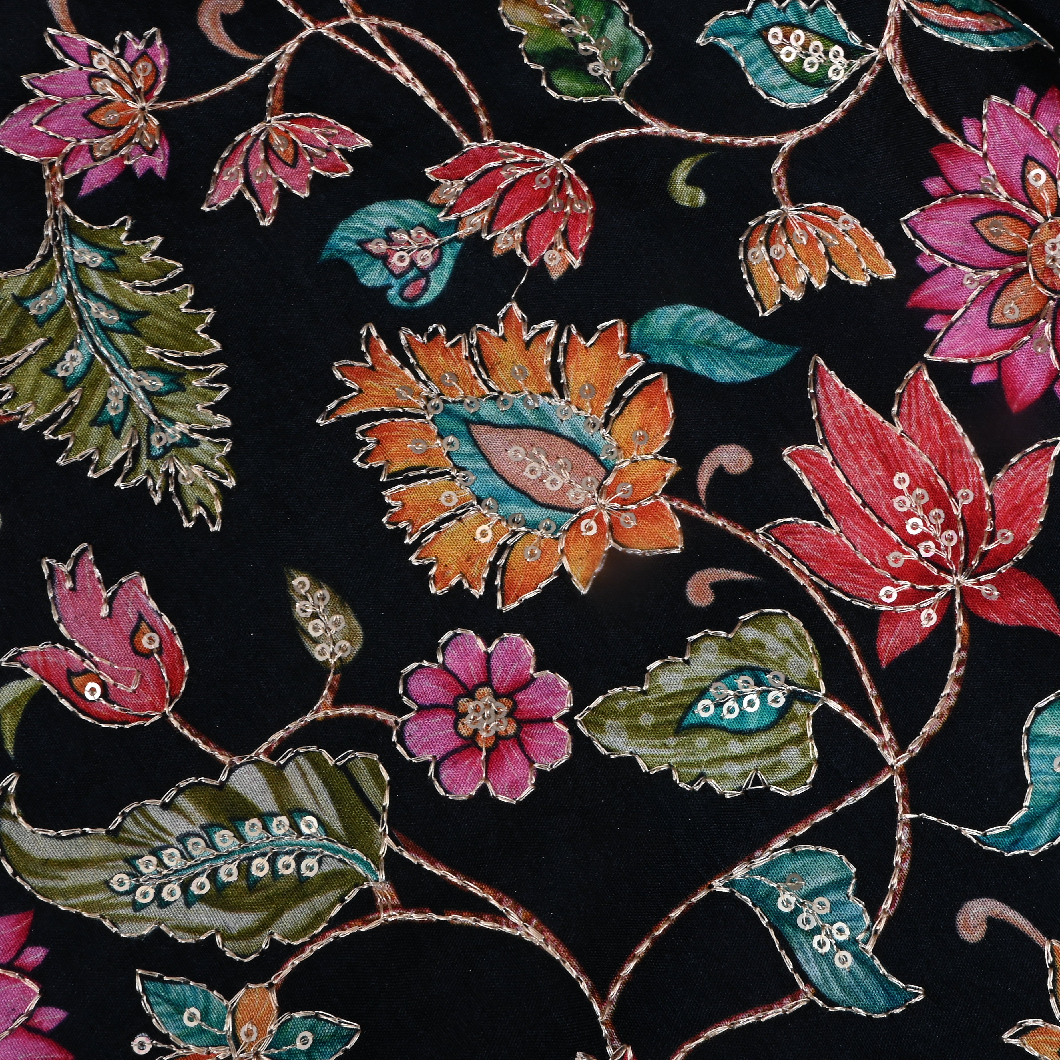 Black Floral Printed Silk Fabric