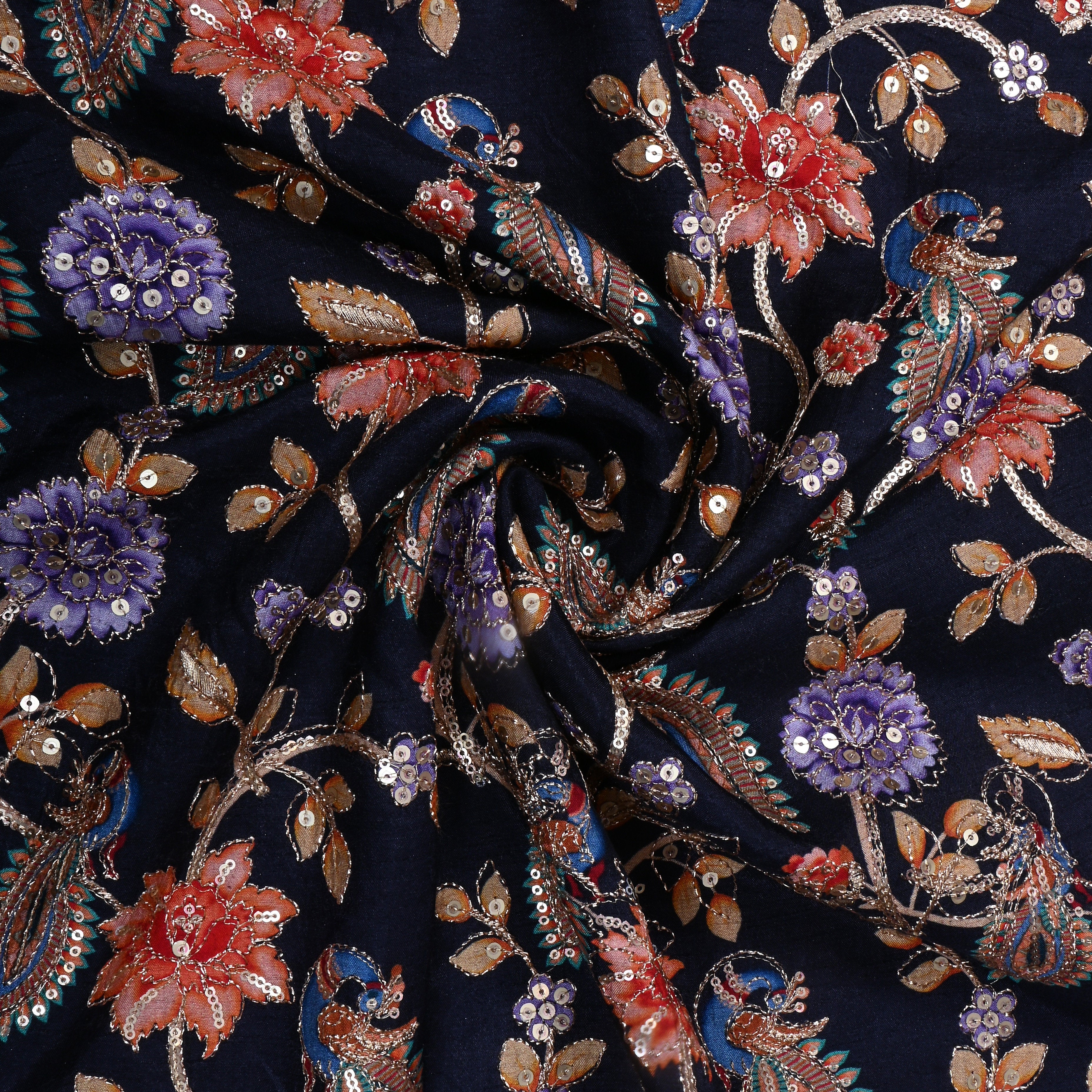 Black Printed Floral Silk Fabric