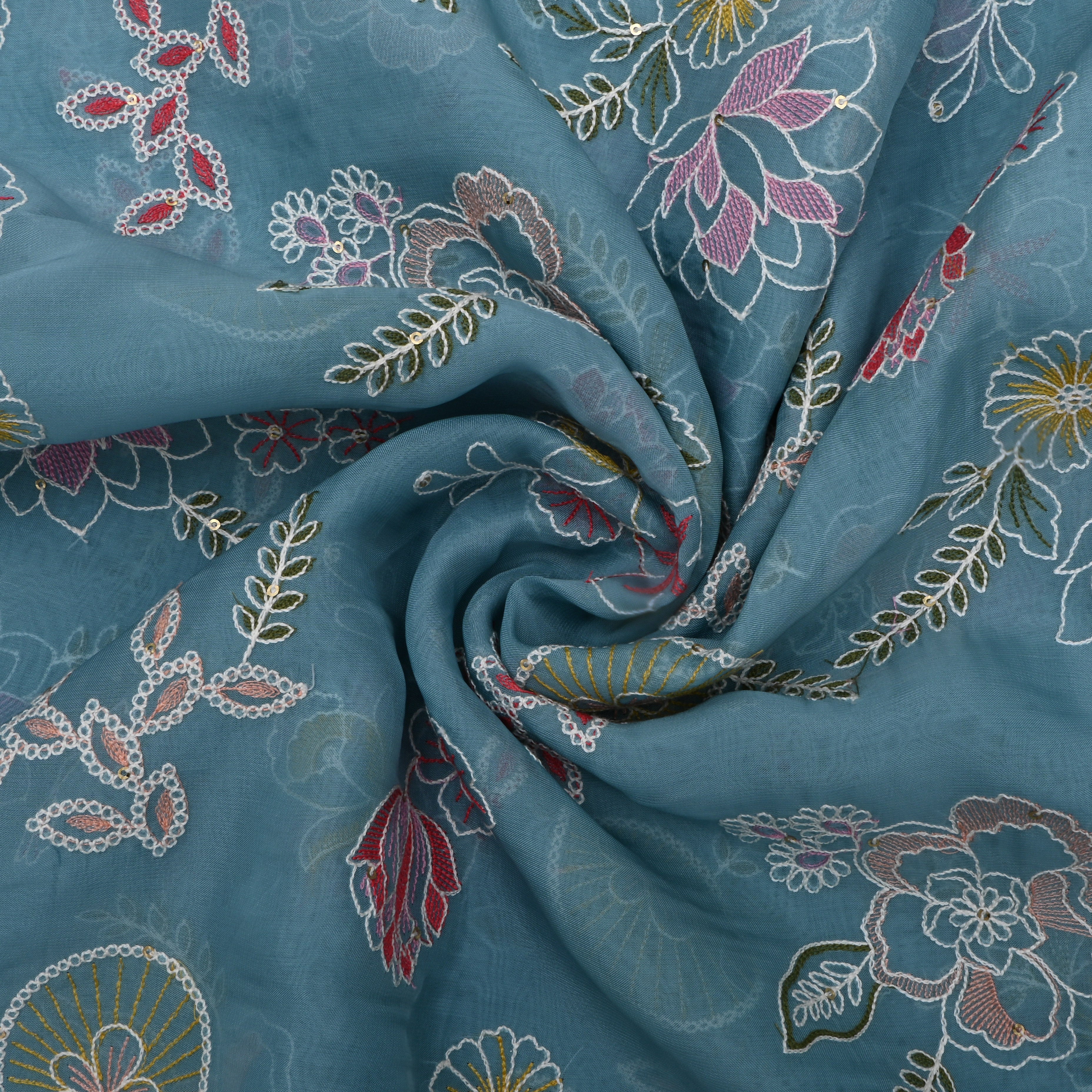 Aqua Blue Floral Thread Embroidered Organza Fabric