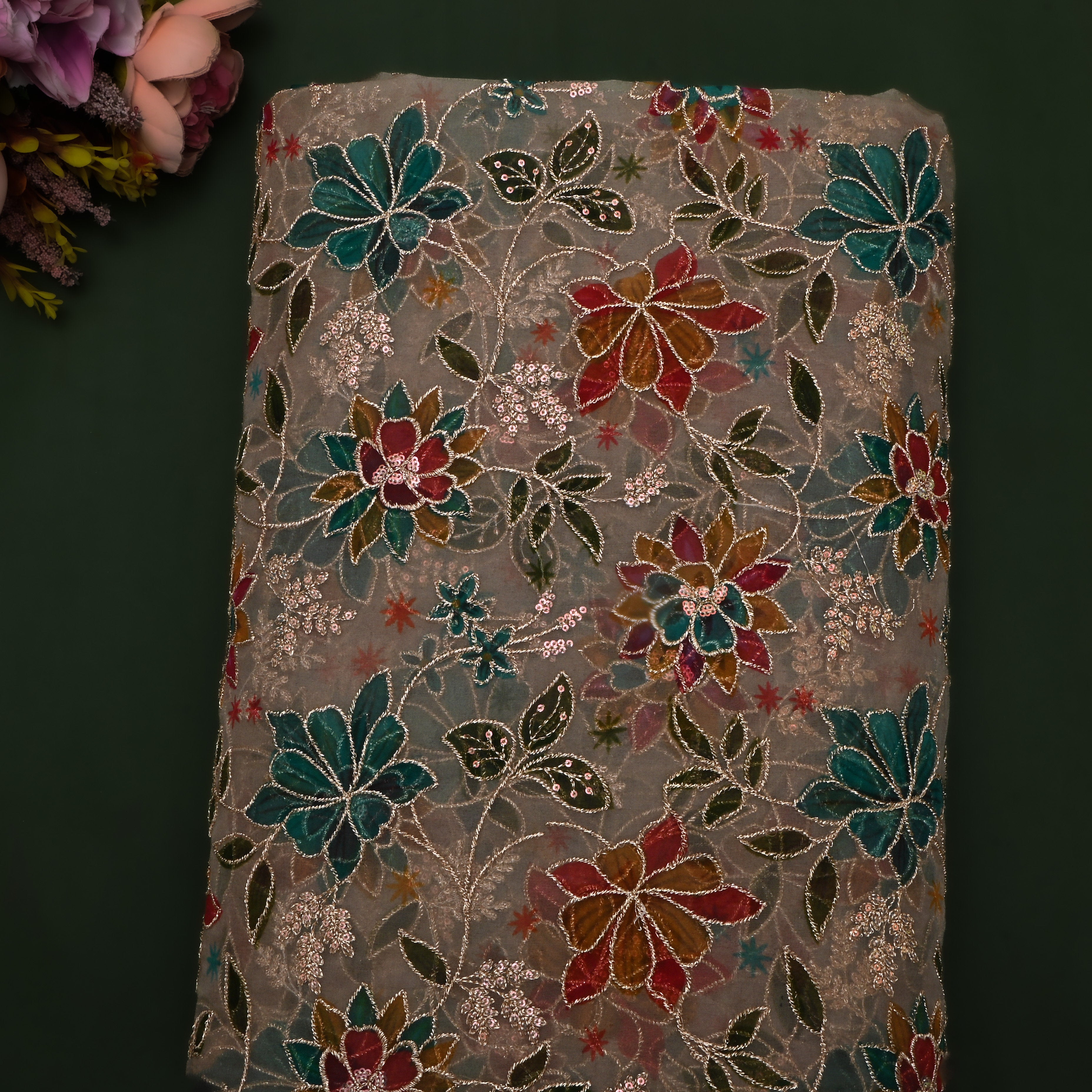 Dark Tan Zari Embroidered Organza Fabric