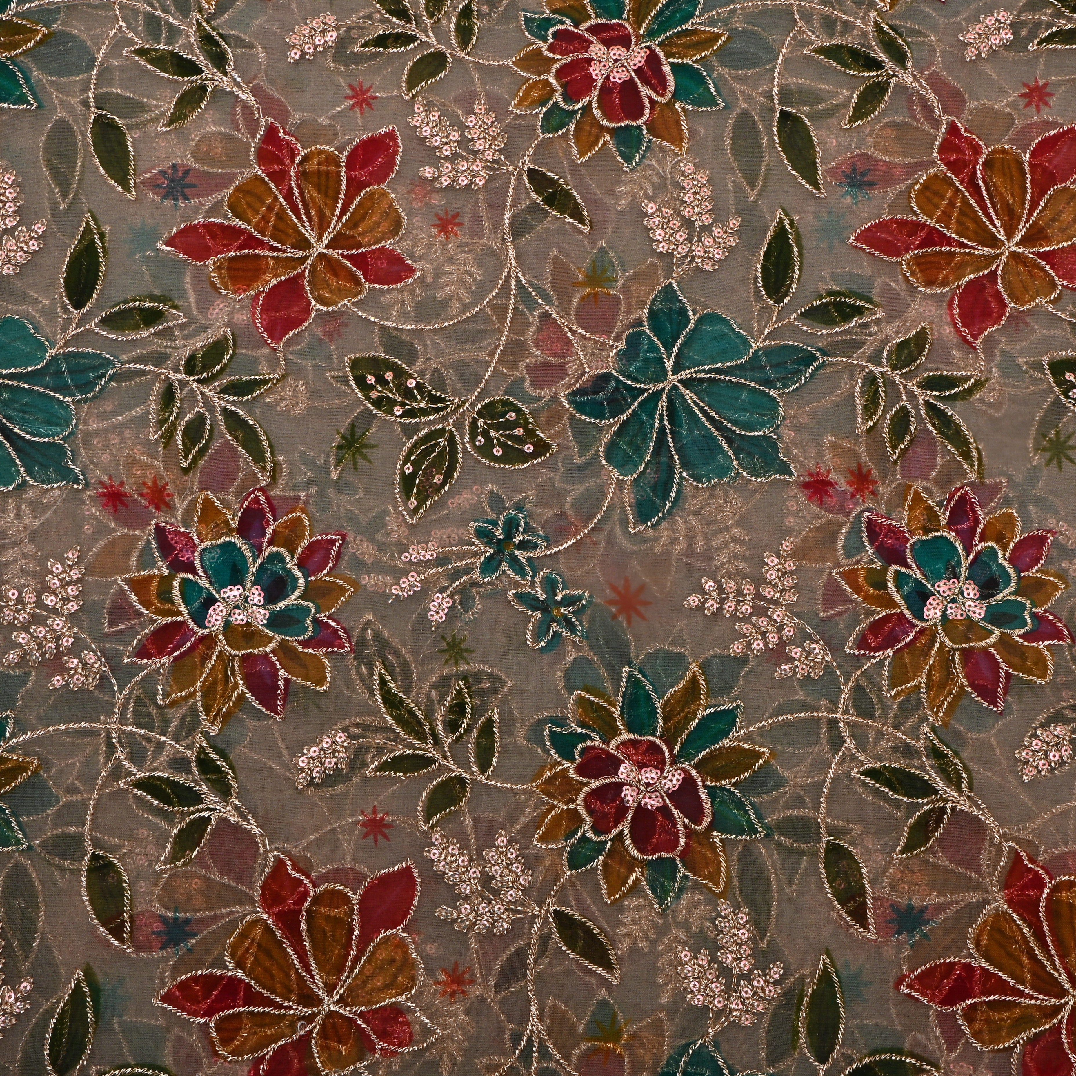 Dark Tan Zari Embroidered Organza Fabric