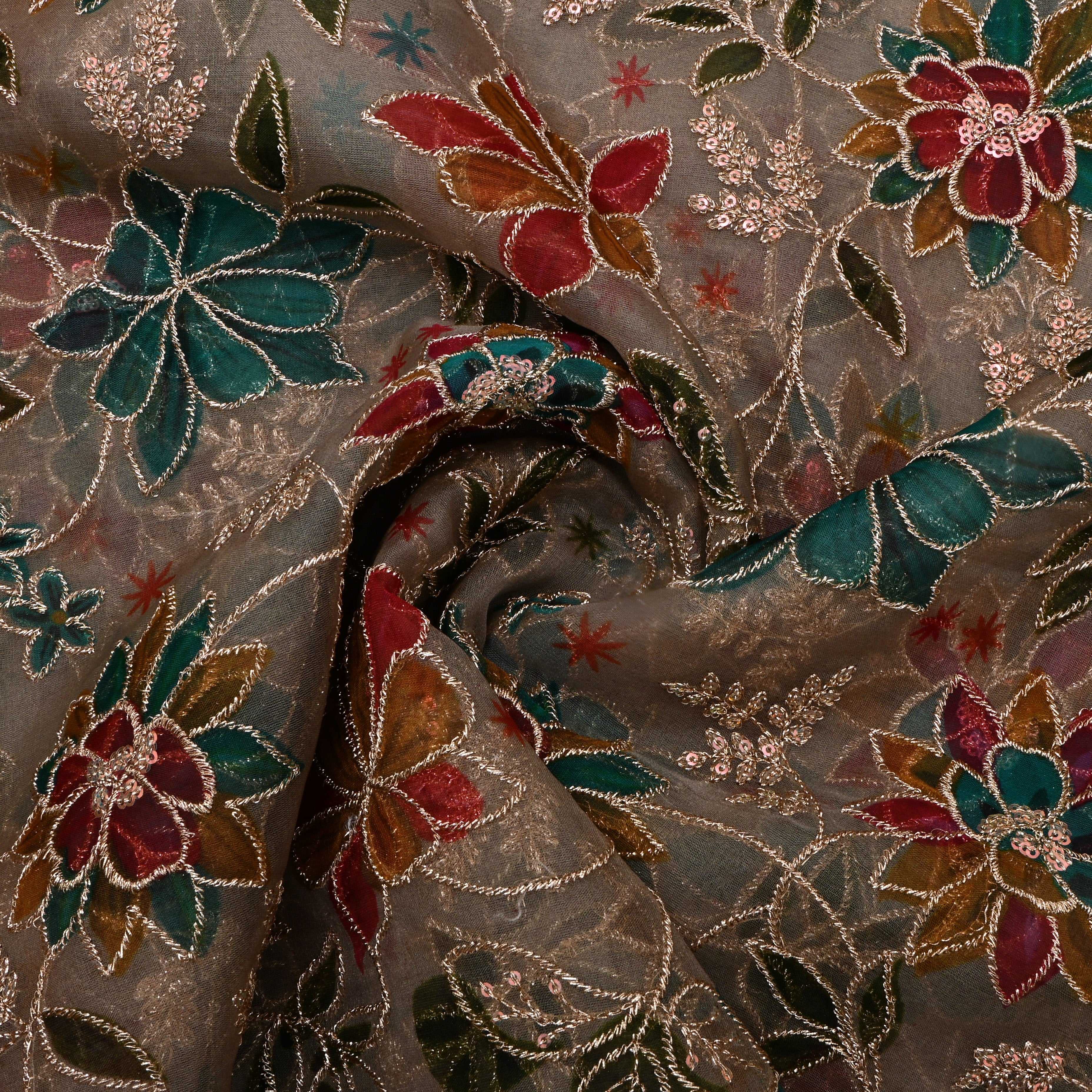 Dark Tan Zari Embroidered Organza Fabric
