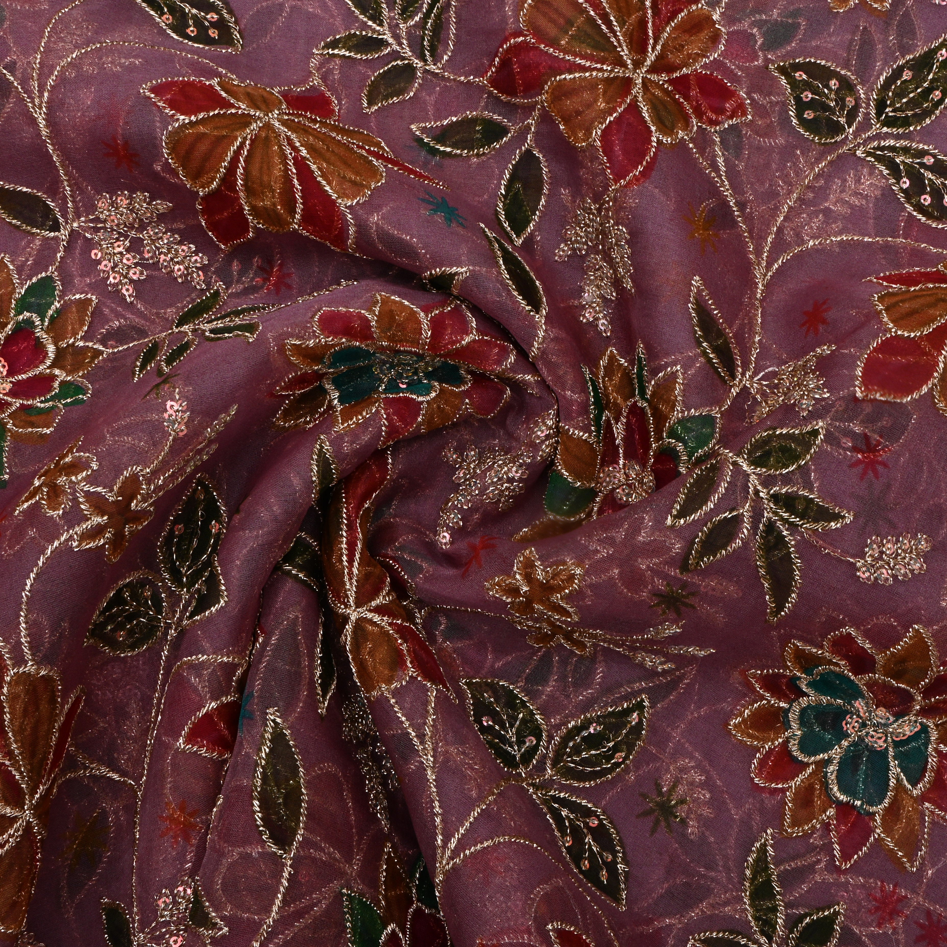 Dark Raspberry Zari Embroidered Organza Fabric