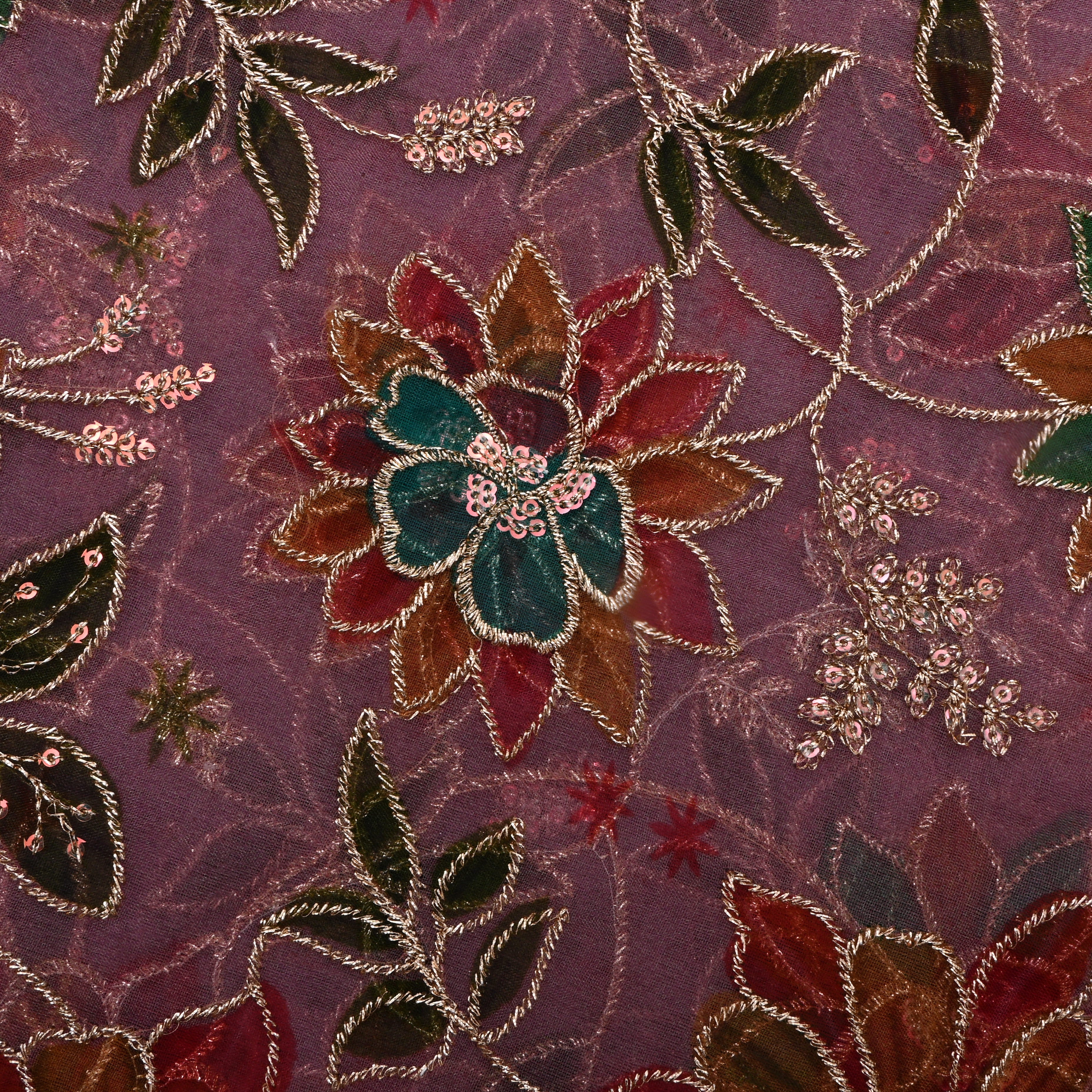 Dark Raspberry Zari Embroidered Organza Fabric