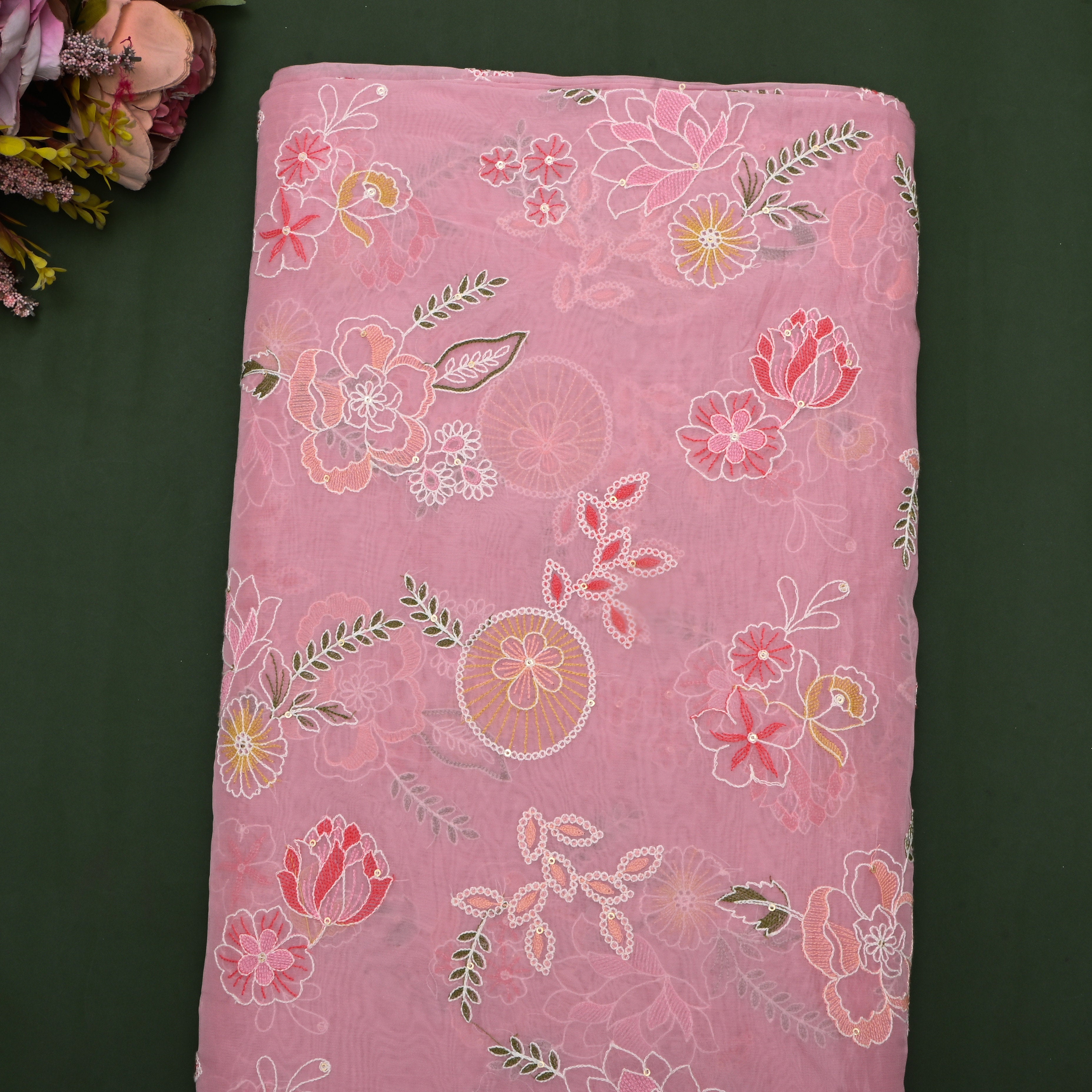 Pastel Pink Floral Thread Embroidered Organza Fabric