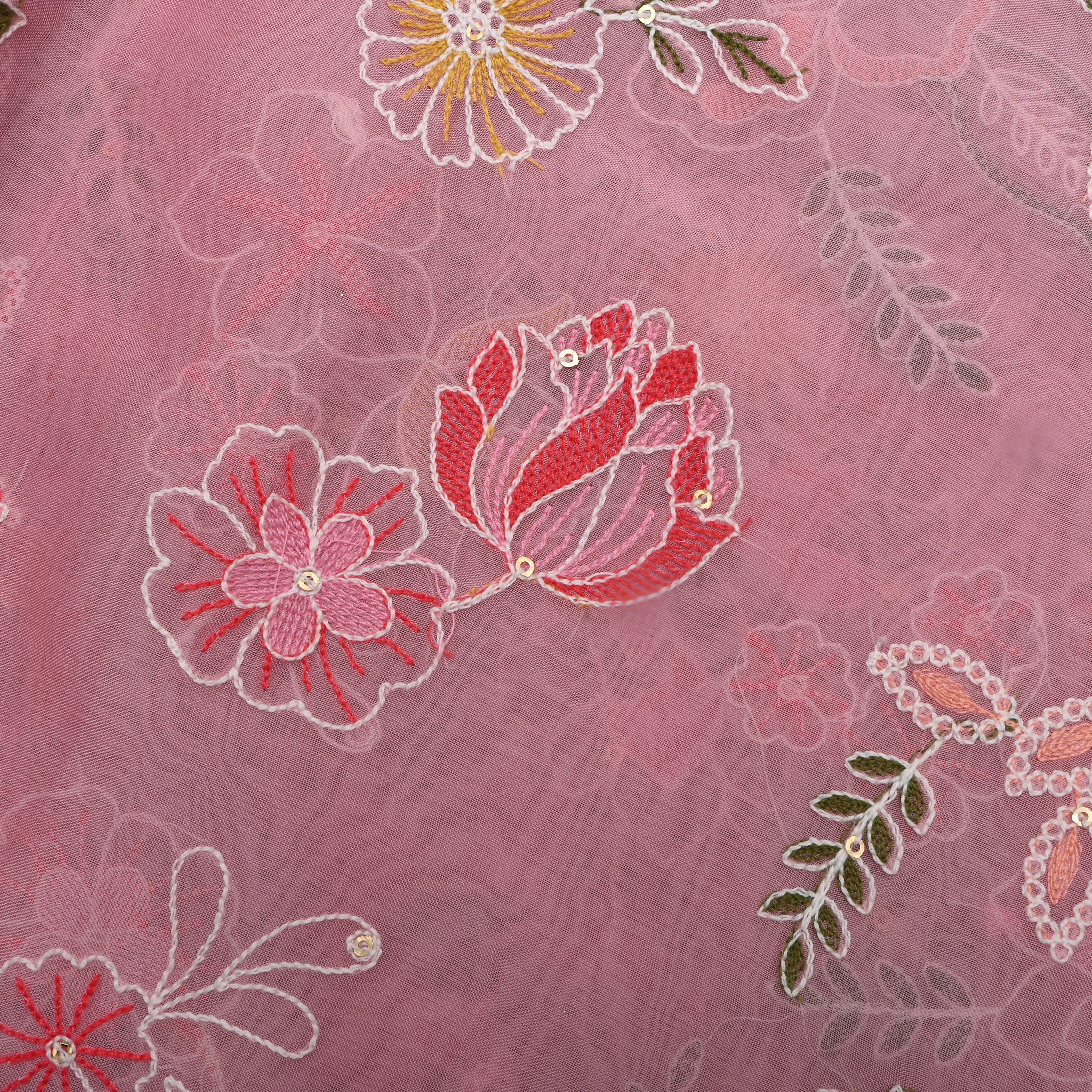 Pastel Pink Floral Thread Embroidered Organza Fabric