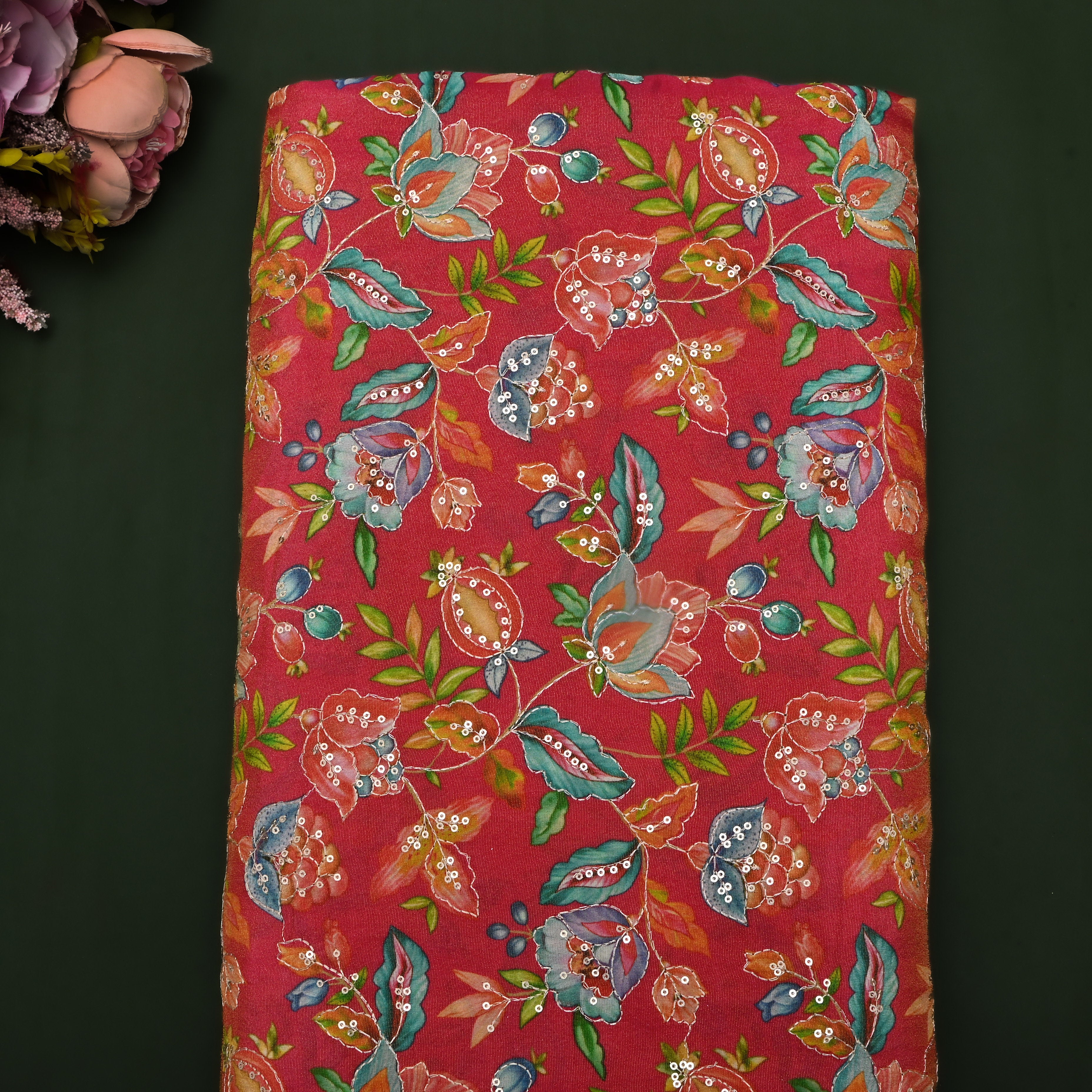 Crimson Red Floral Printed Tissue Fabric