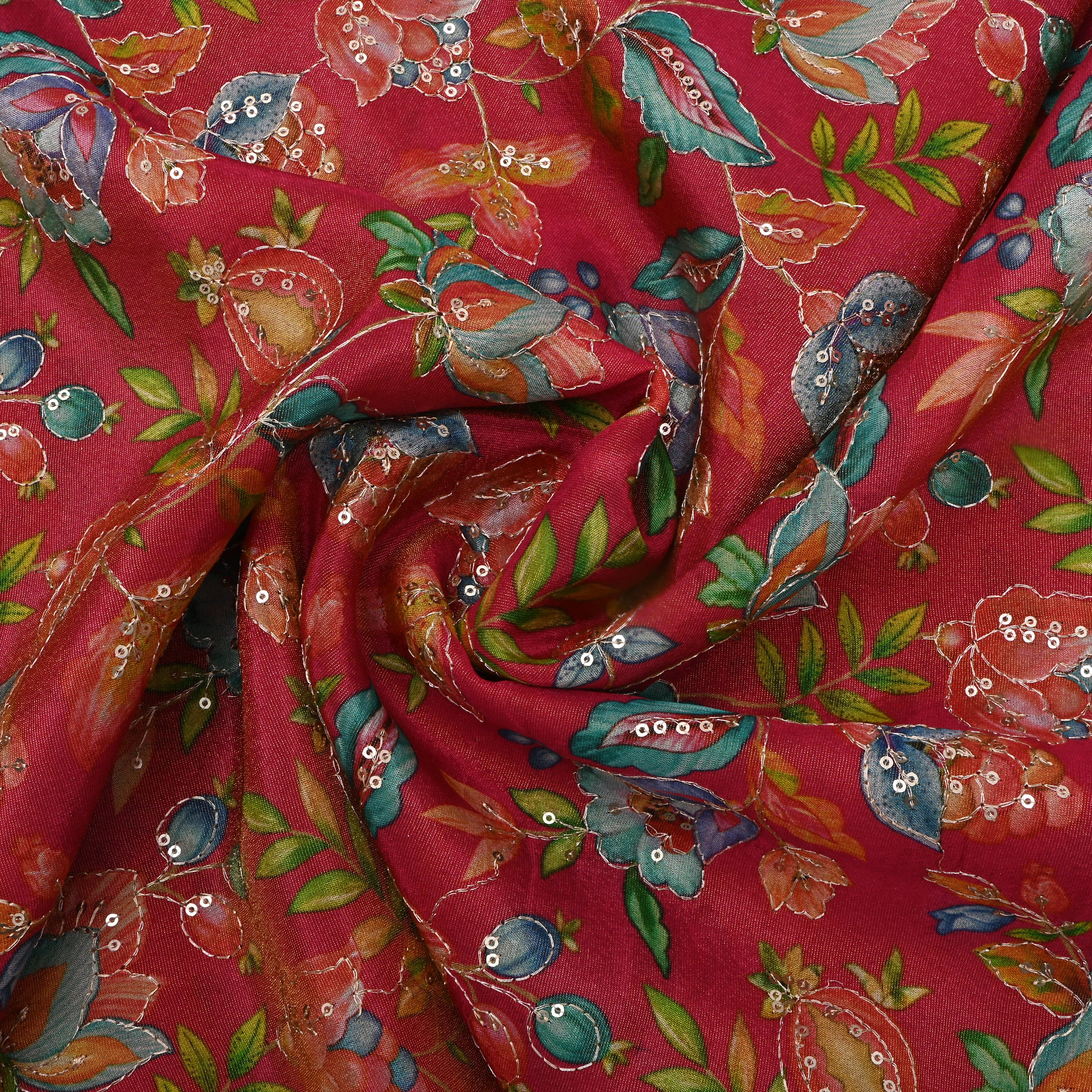 Crimson Red Floral Printed Tissue Fabric