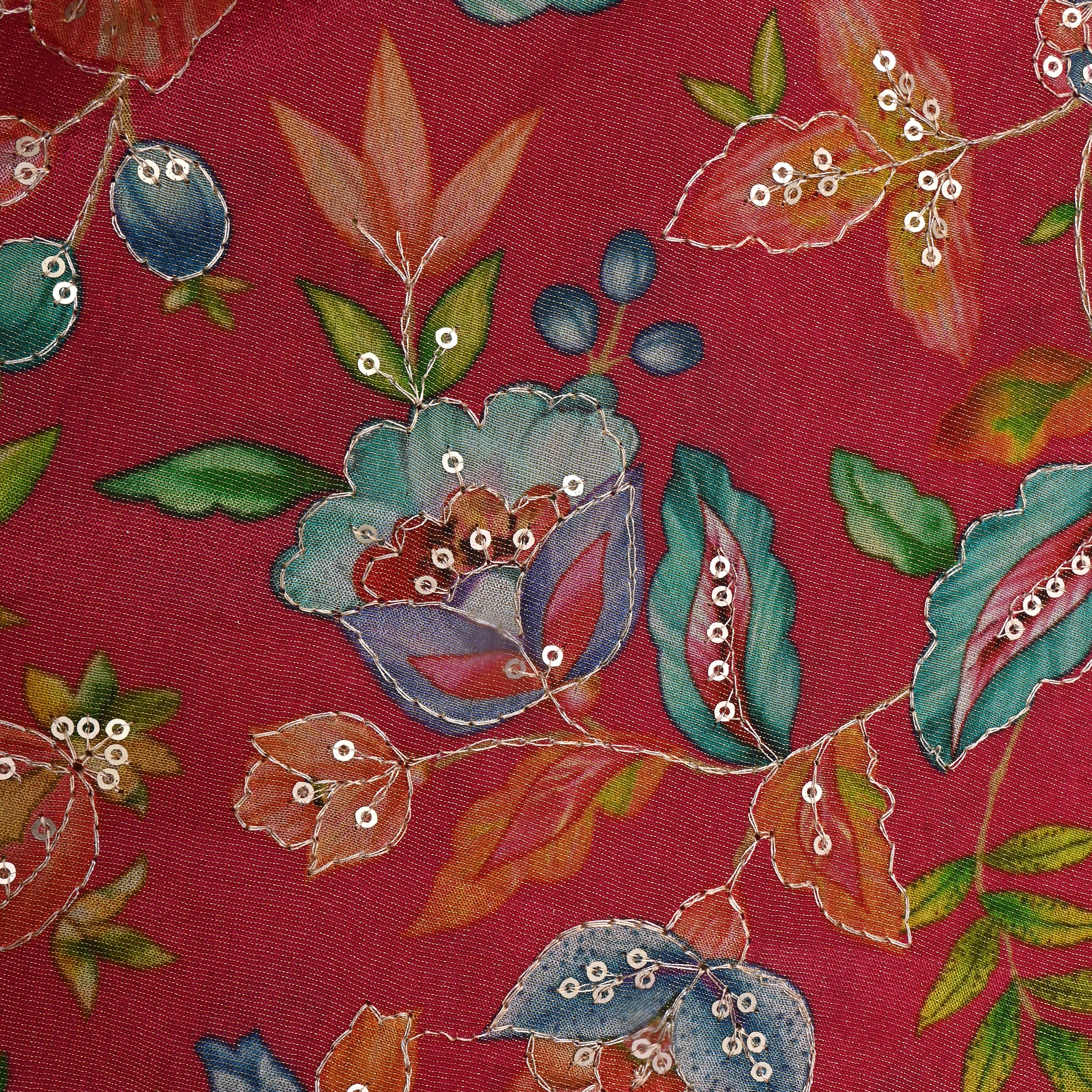 Crimson Red Floral Printed Tissue Fabric