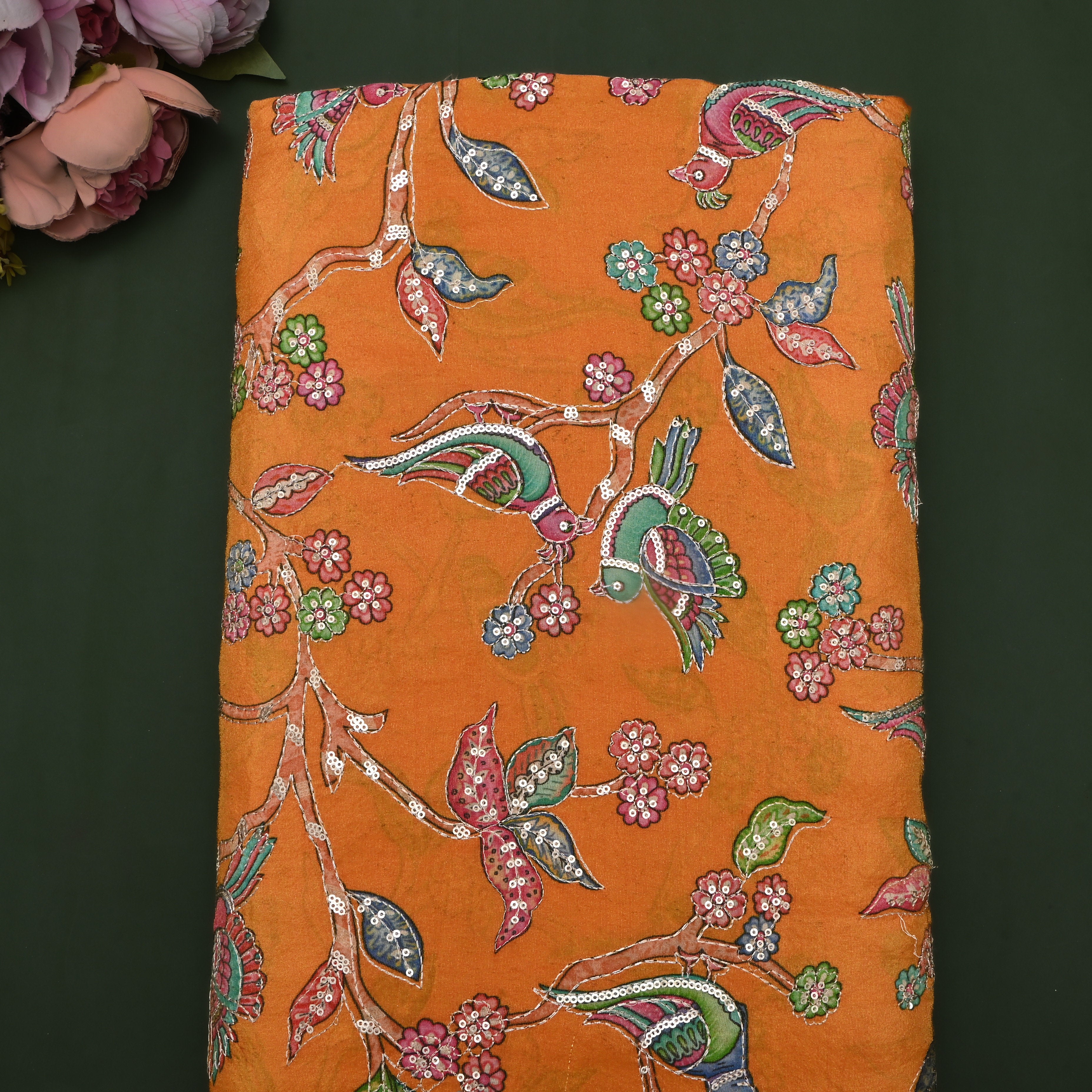 Light Orange Kalamkari Print Tissue Fabric