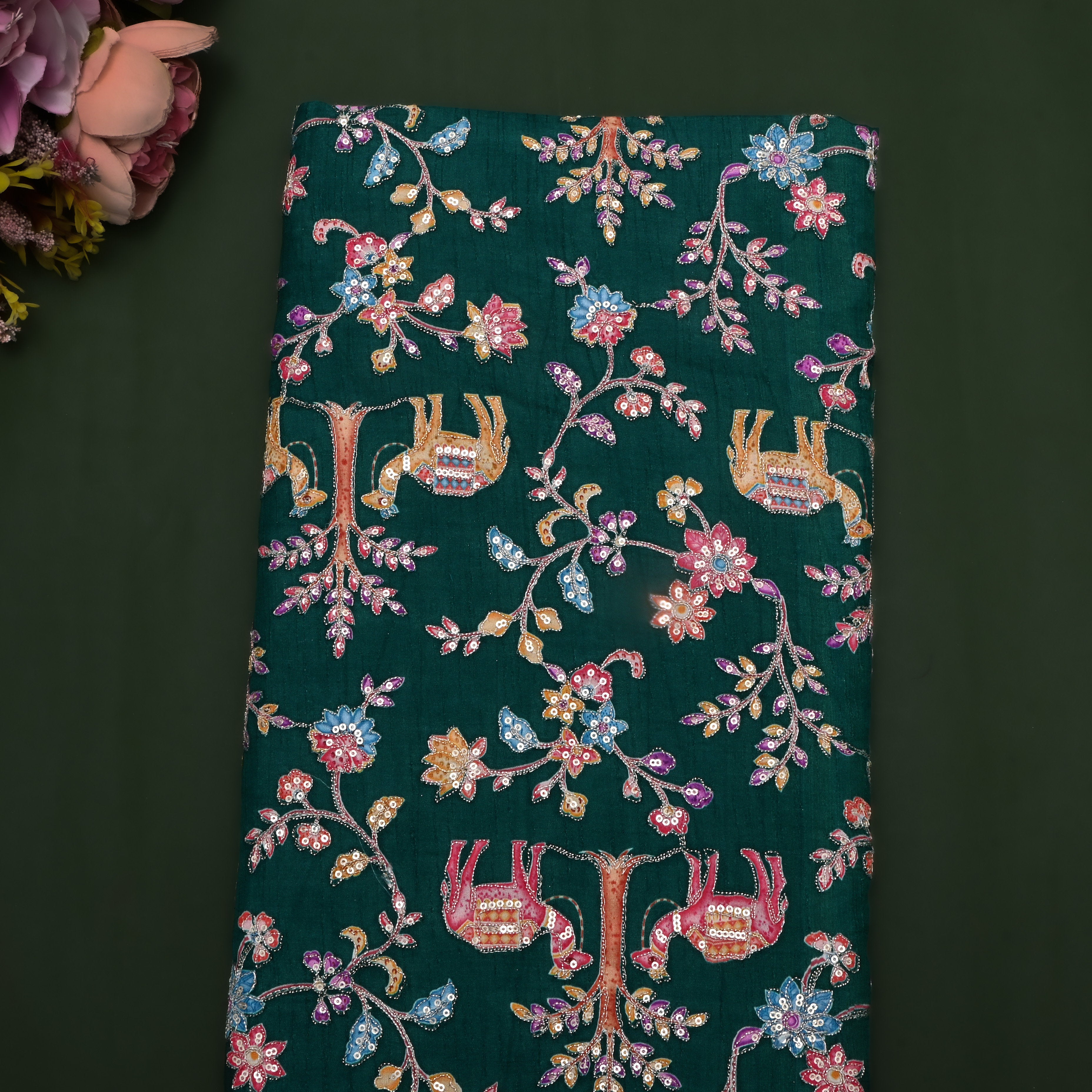 Bottle Green Floral And Camel Printed Silk Fabric