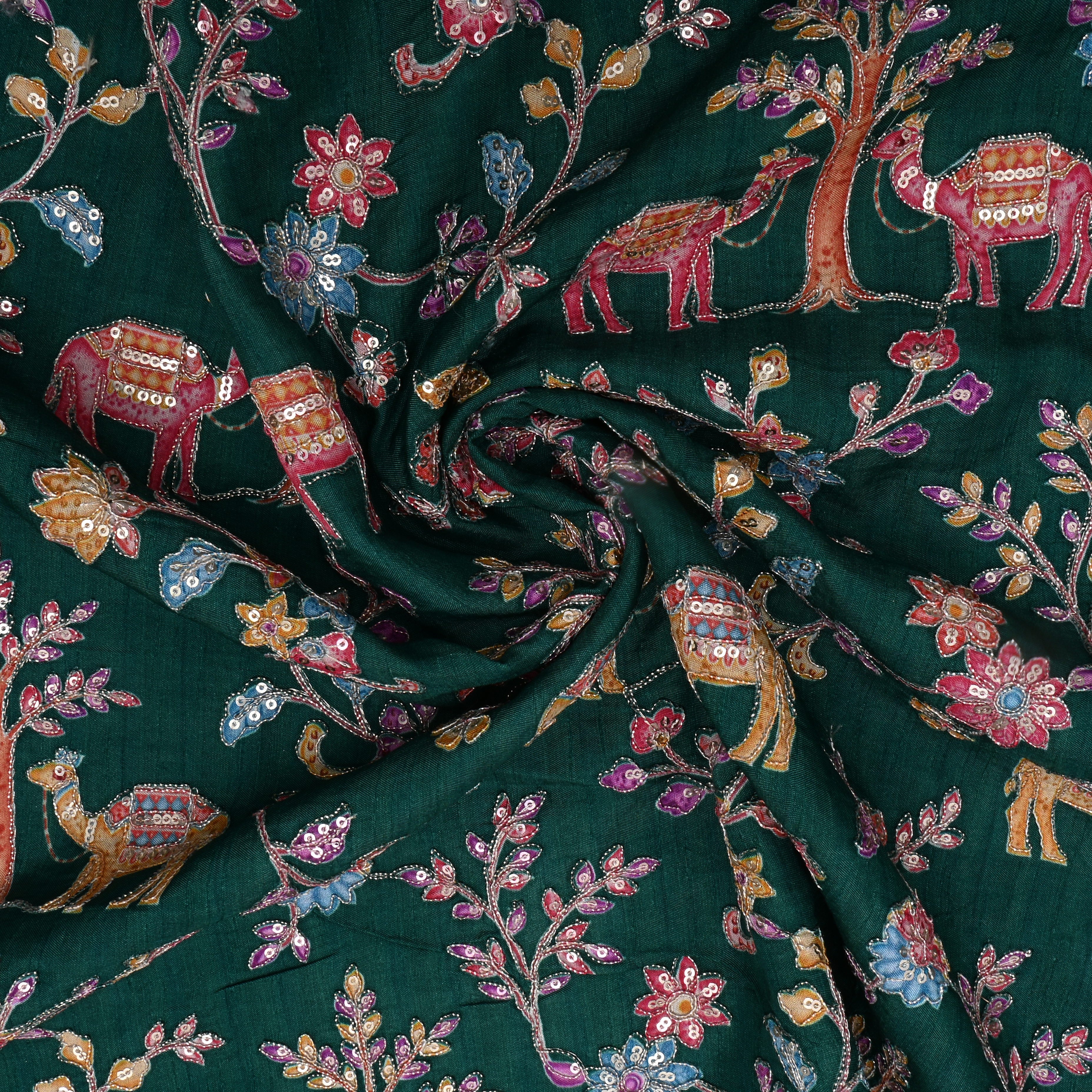 Bottle Green Floral And Camel Printed Silk Fabric