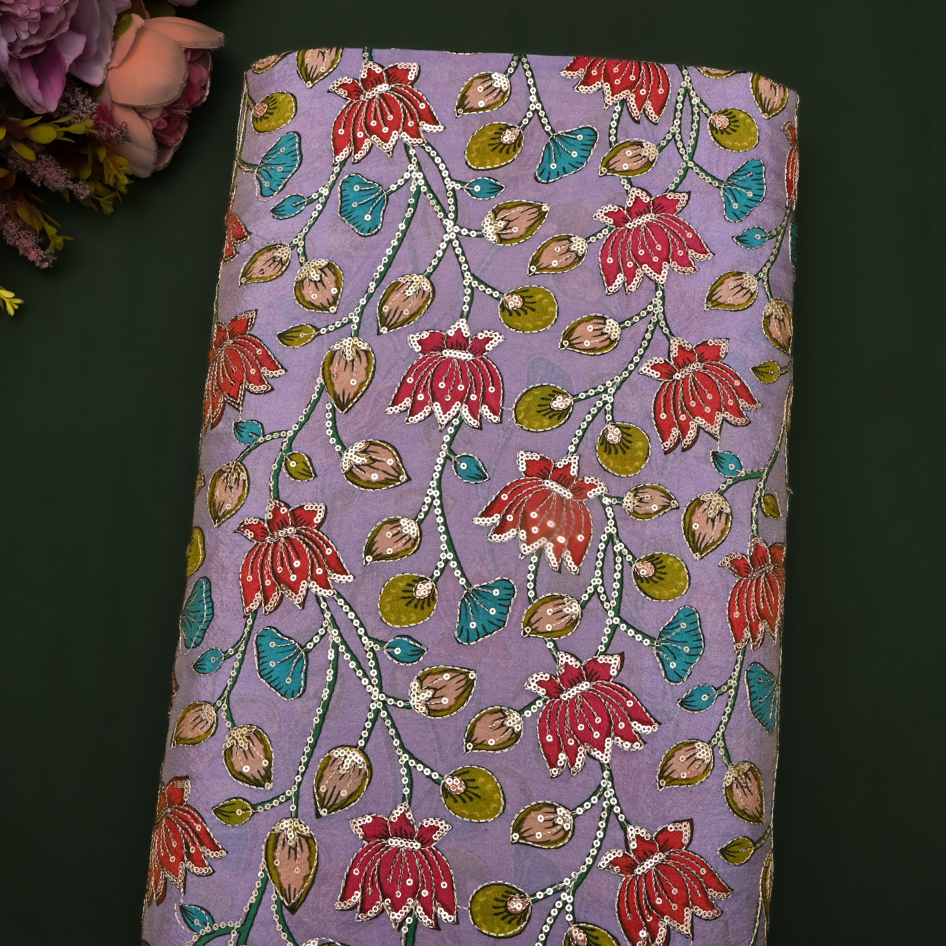 Deep Lilac Sequin Embroidered Tissue Fabric