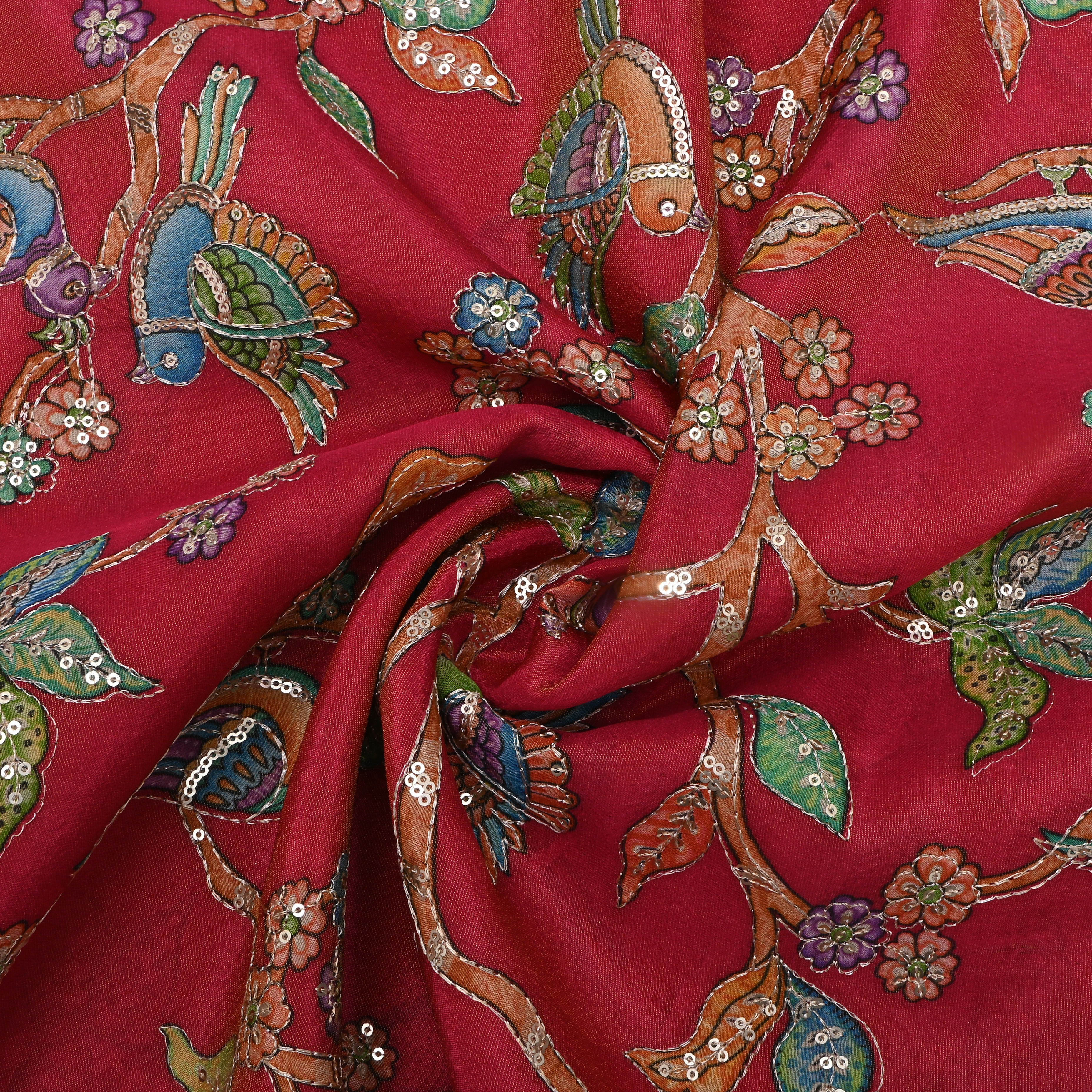 Pale Red Kalamkari Print Tissue Fabric