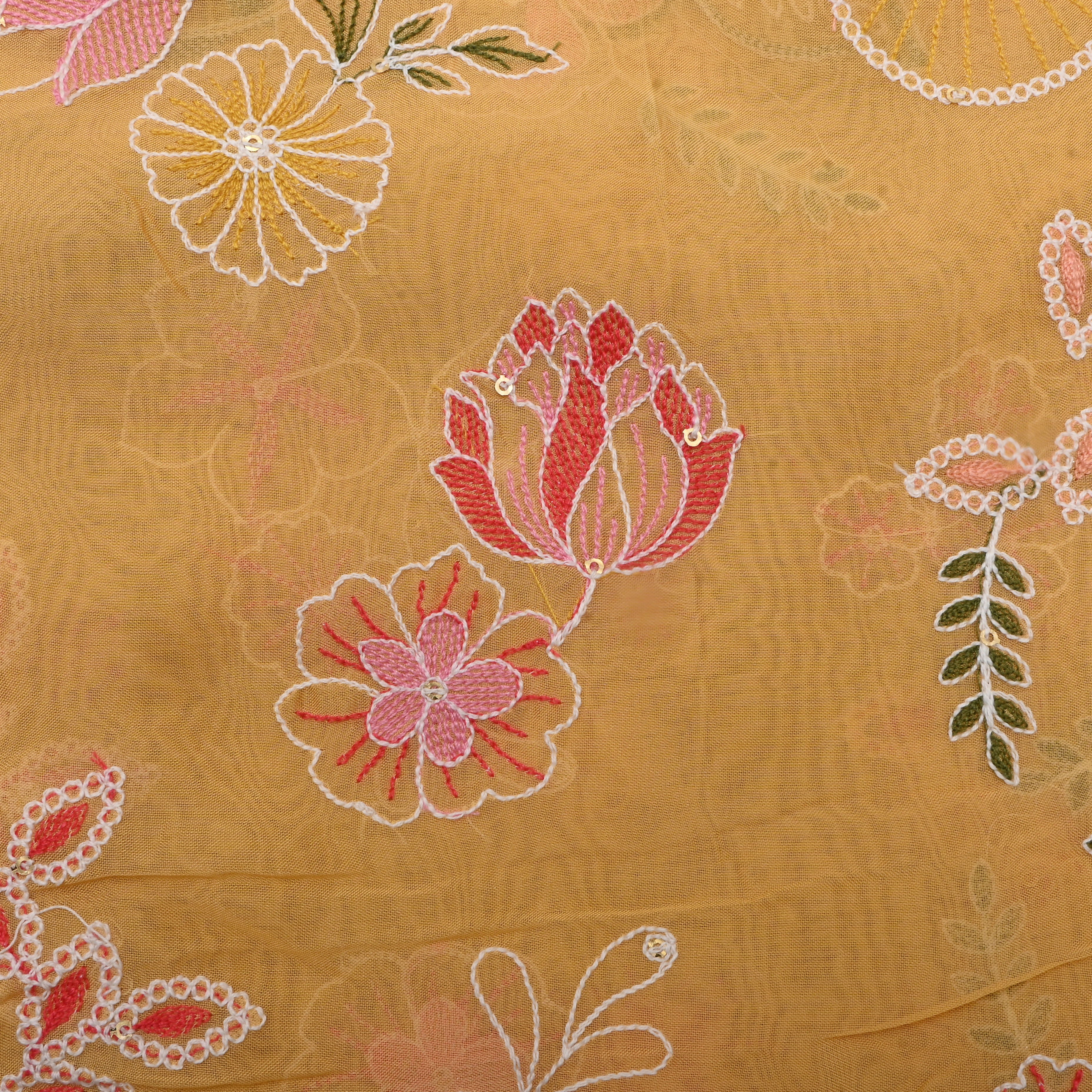 Muted Yellow Floral Thread Embroidered Organza Fabric