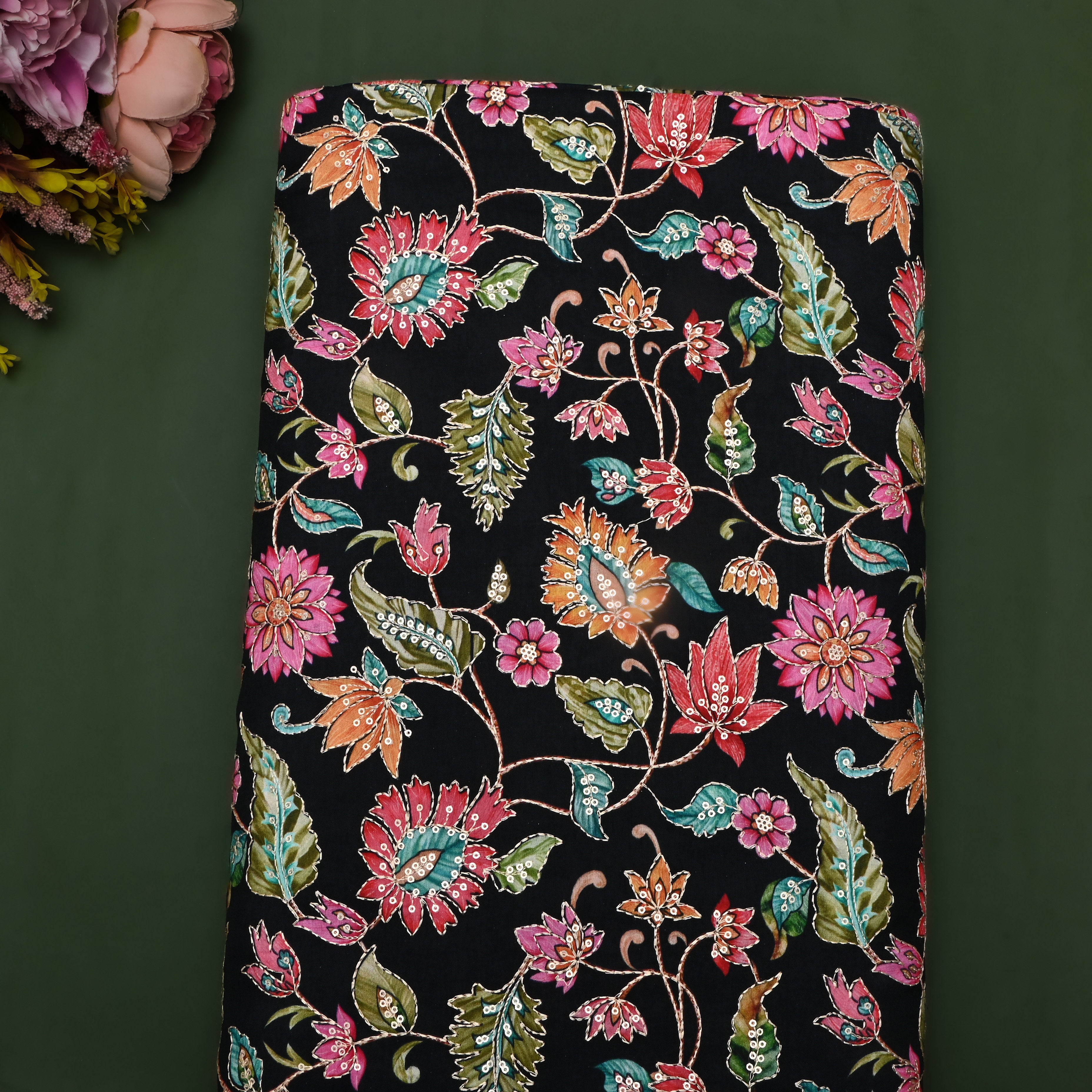 Black Zari Embroidered Silk Fabric