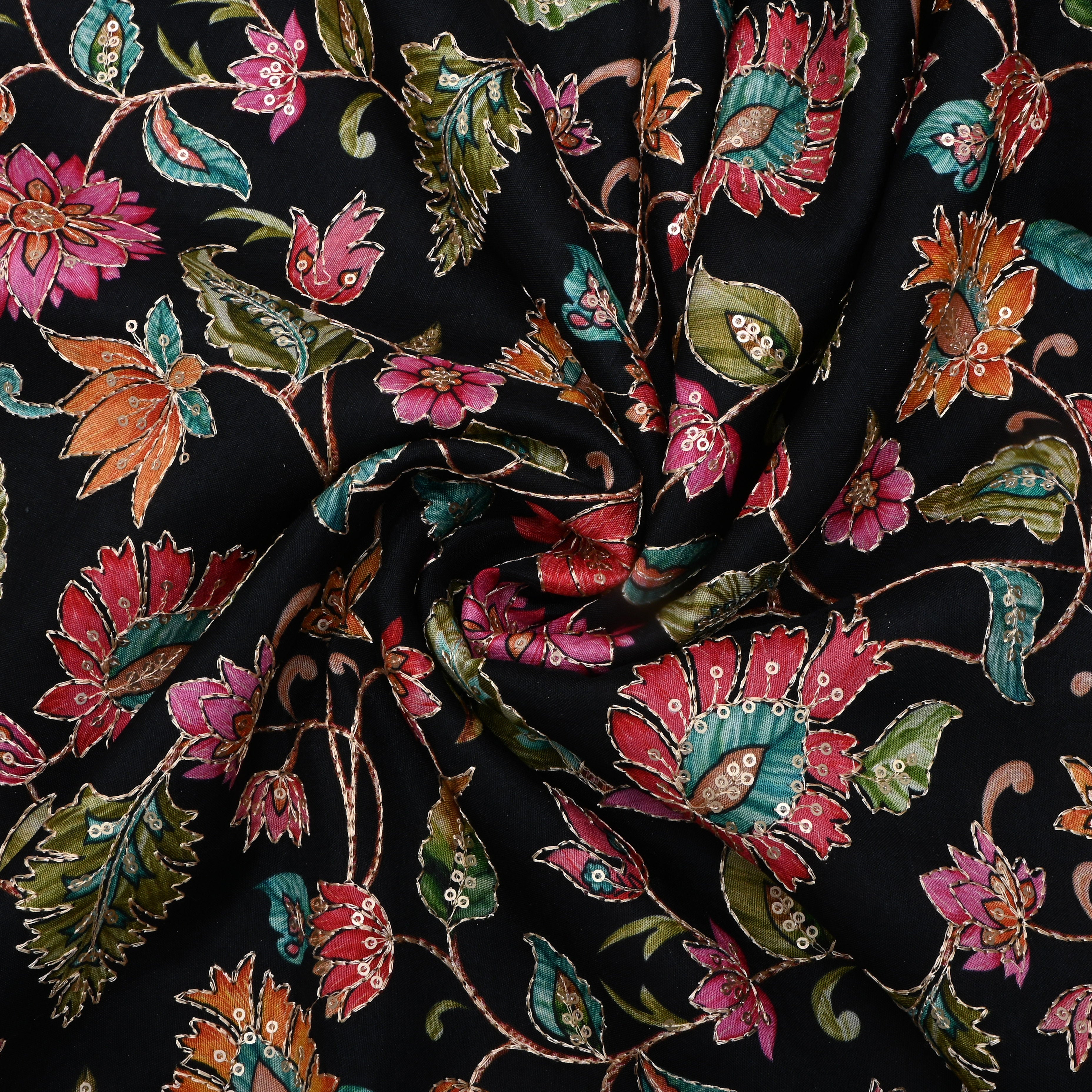 Black Zari Embroidered Silk Fabric