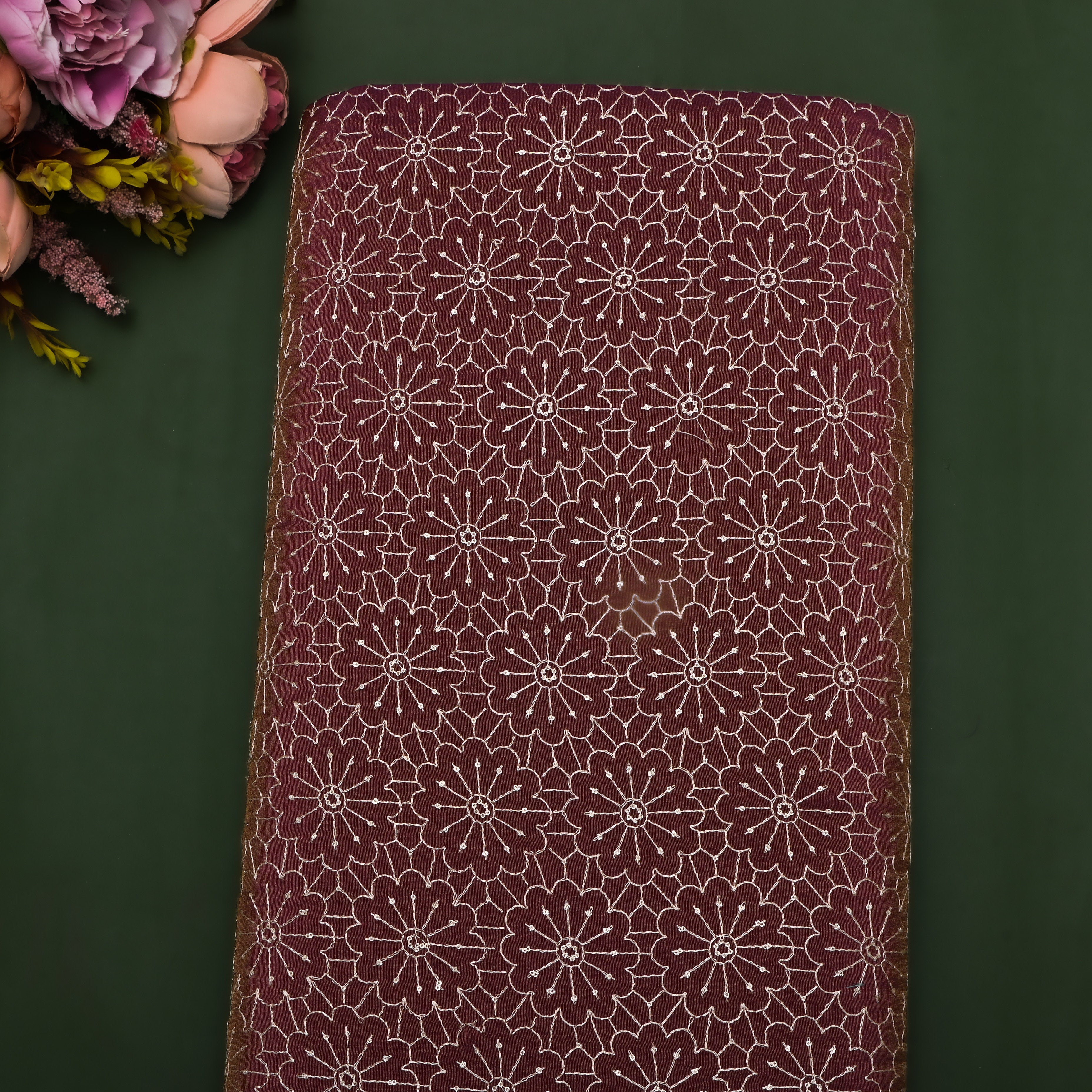 Dark Purple Embroidered Tissue Fabric