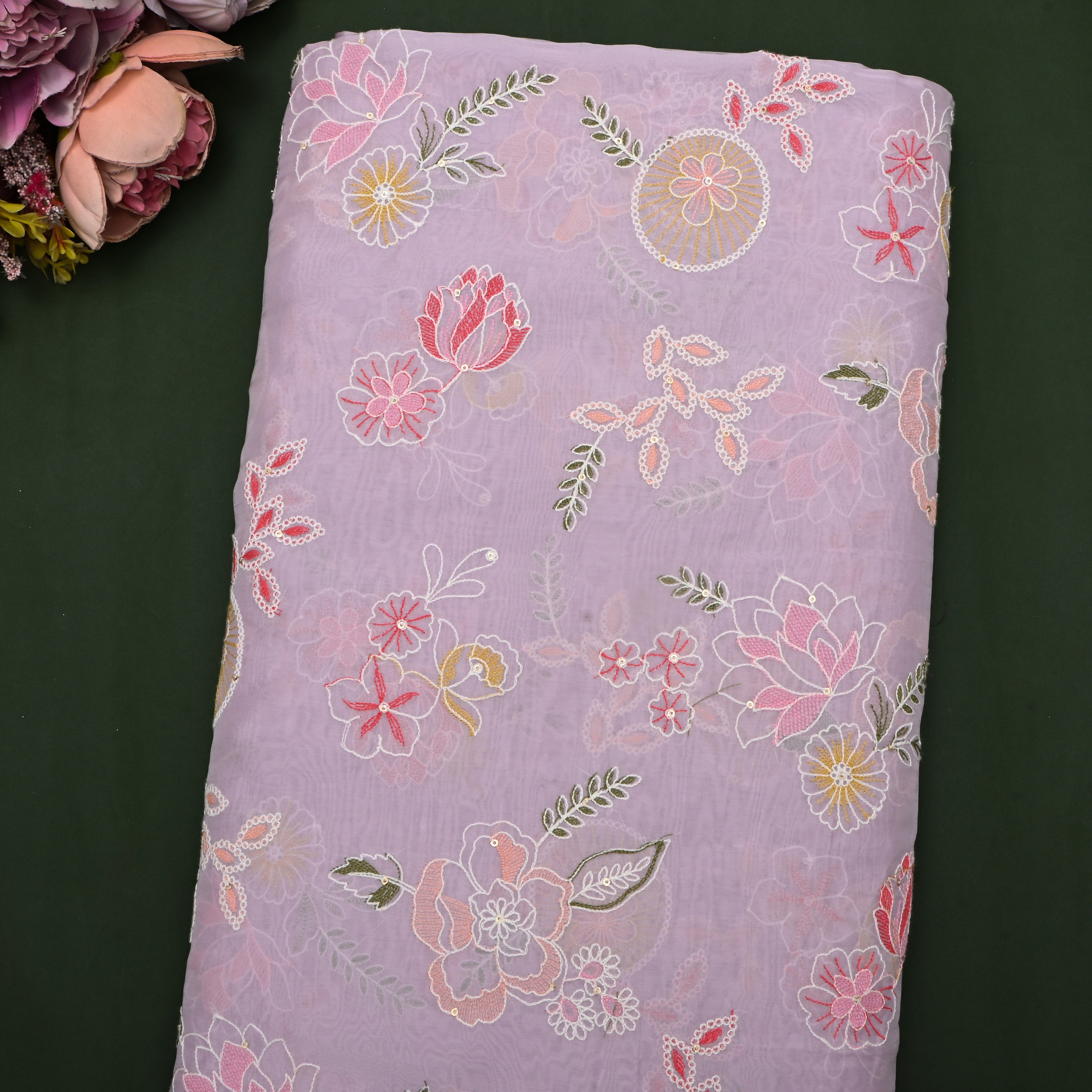 Soft Lilac Floral Thread Embroidered Organza Fabric