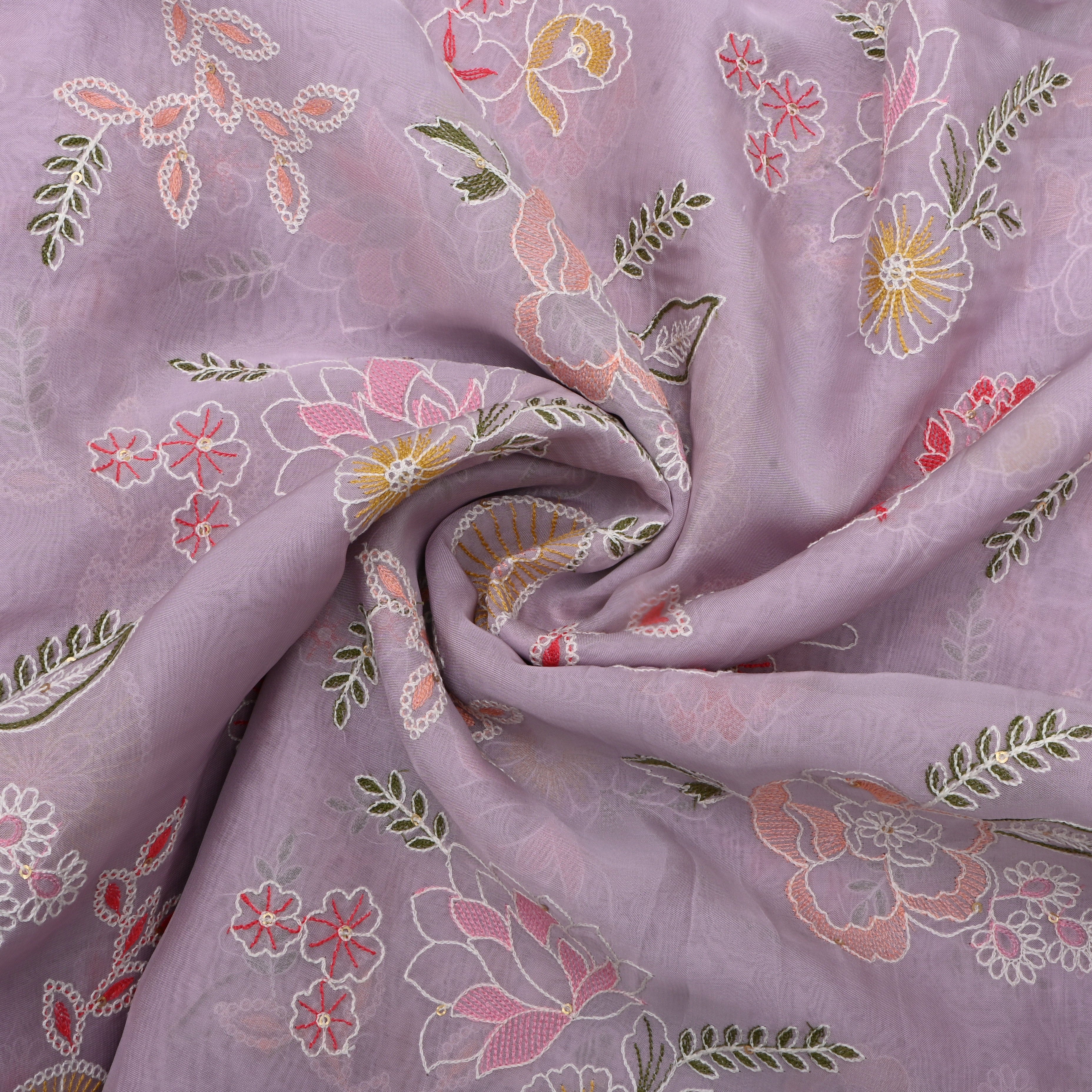 Soft Lilac Floral Thread Embroidered Organza Fabric