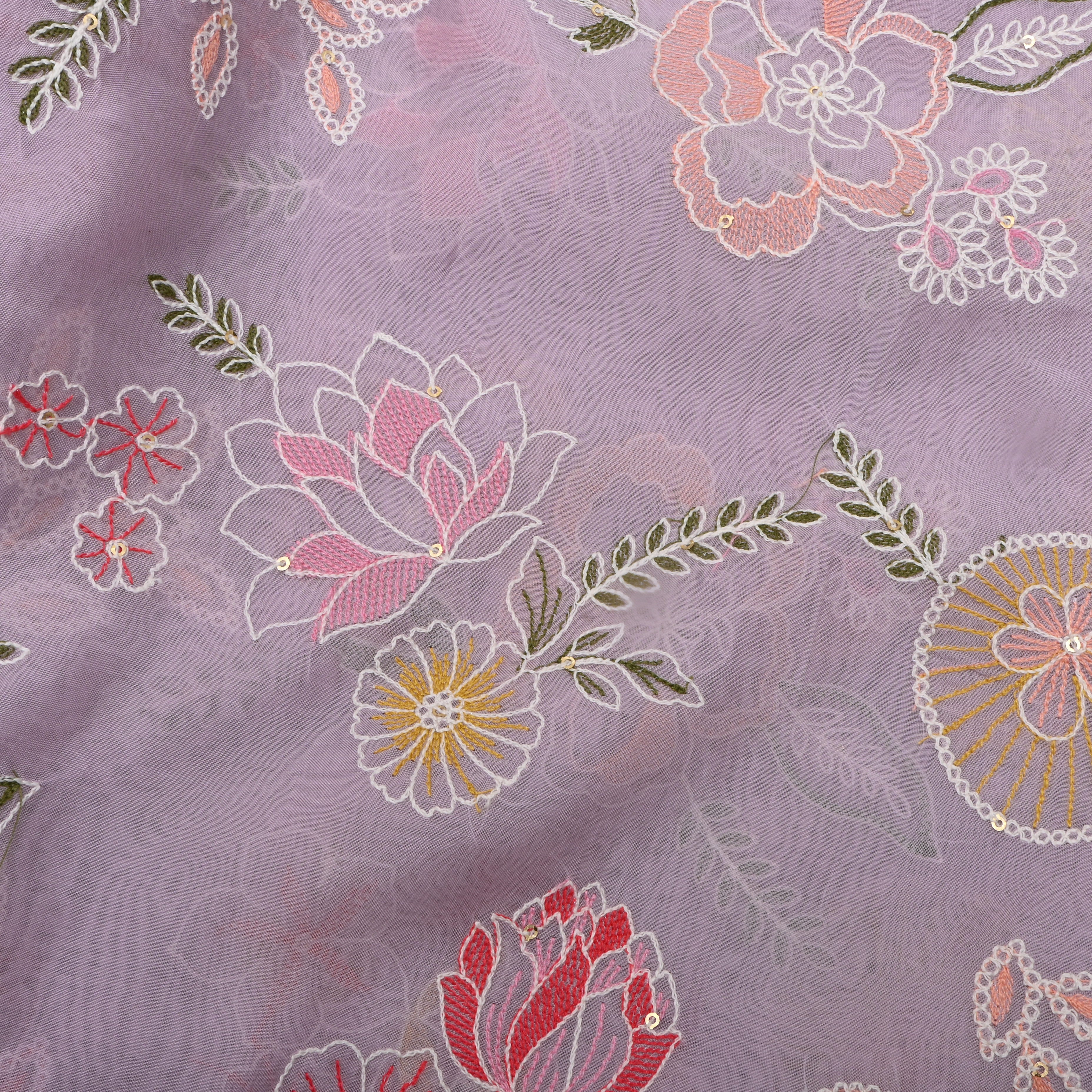 Soft Lilac Floral Thread Embroidered Organza Fabric