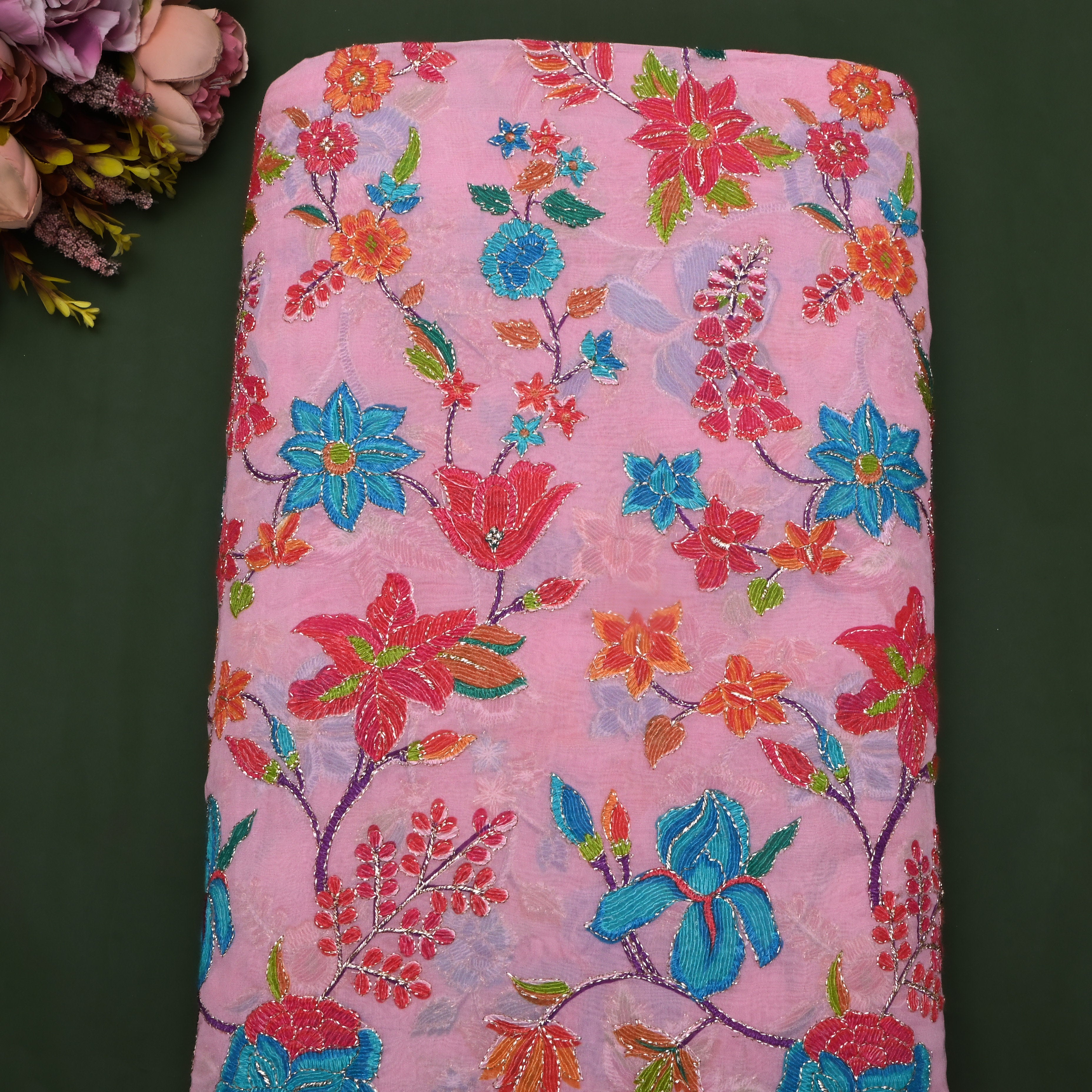 Pastel Pink Floral Printed Organza Fabric