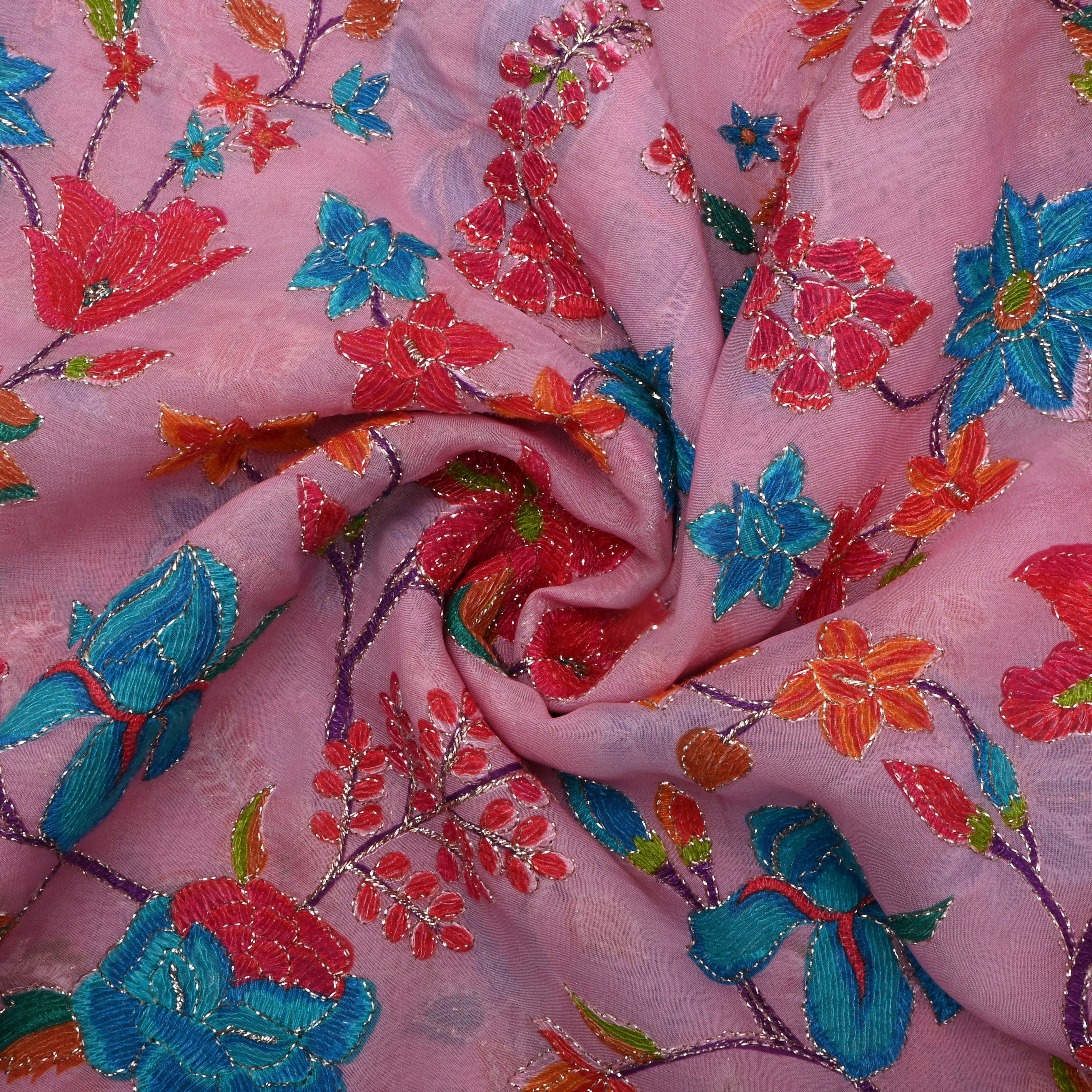 Pastel Pink Floral Printed Organza Fabric