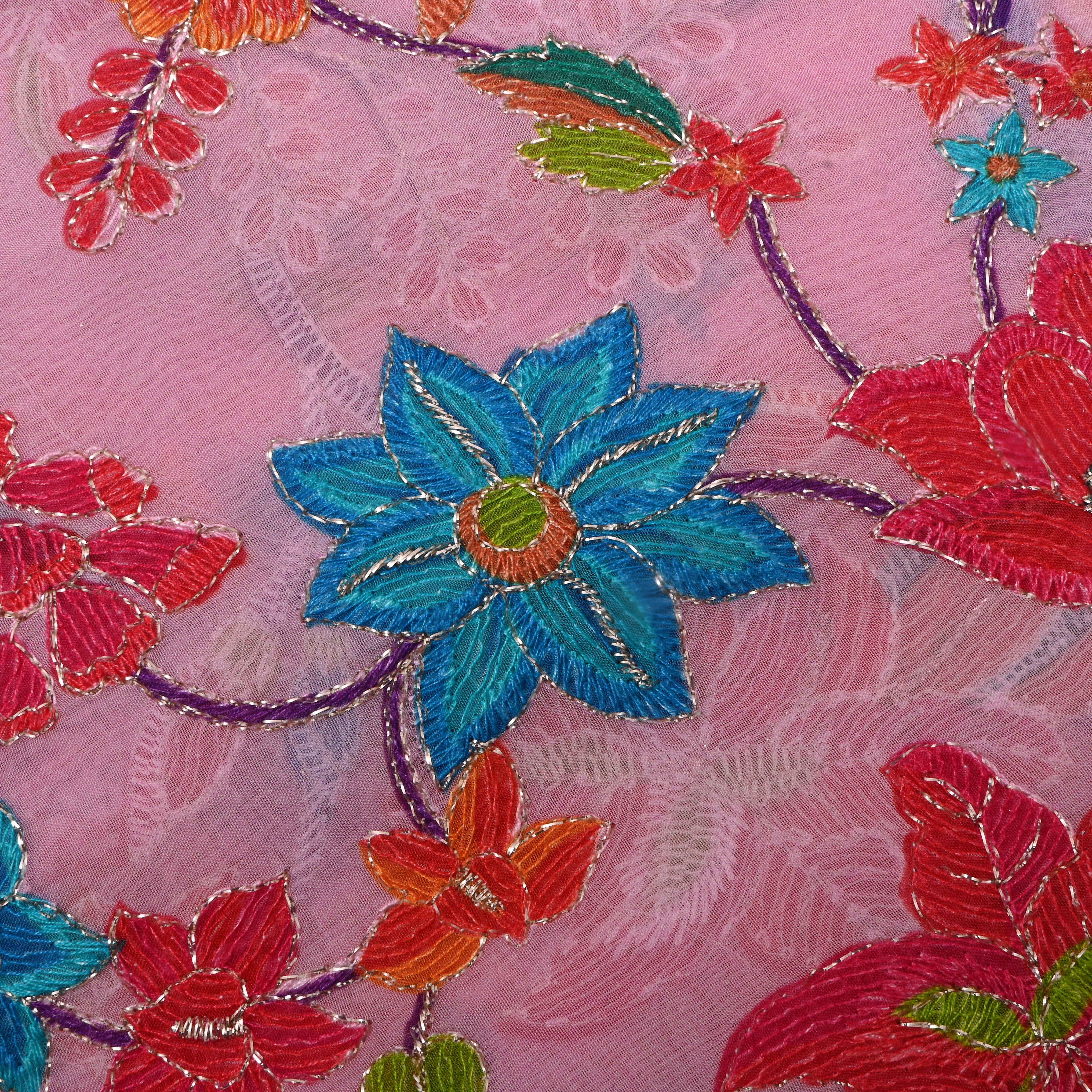 Pastel Pink Floral Printed Organza Fabric