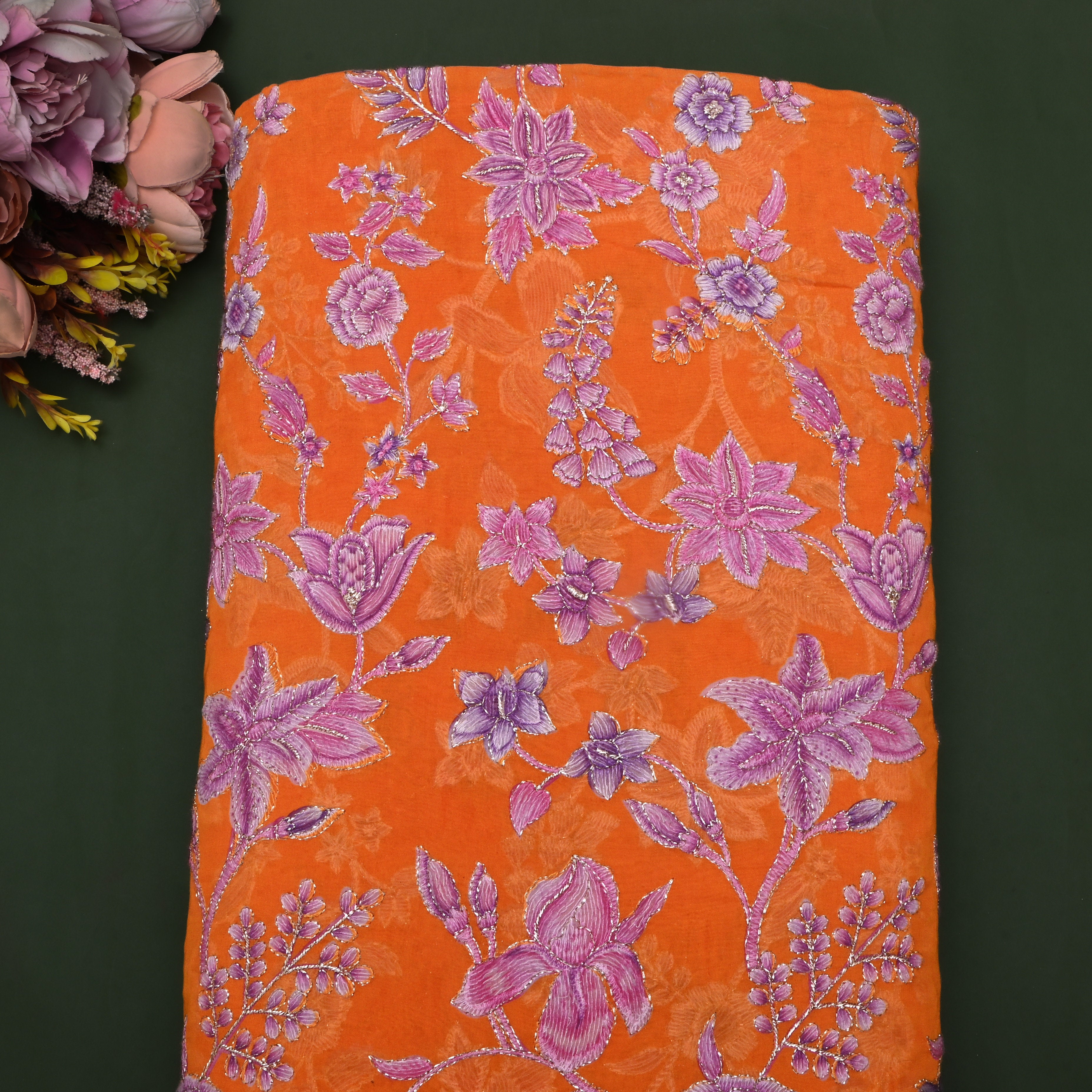 Orange Floral Printed Organza Fabric