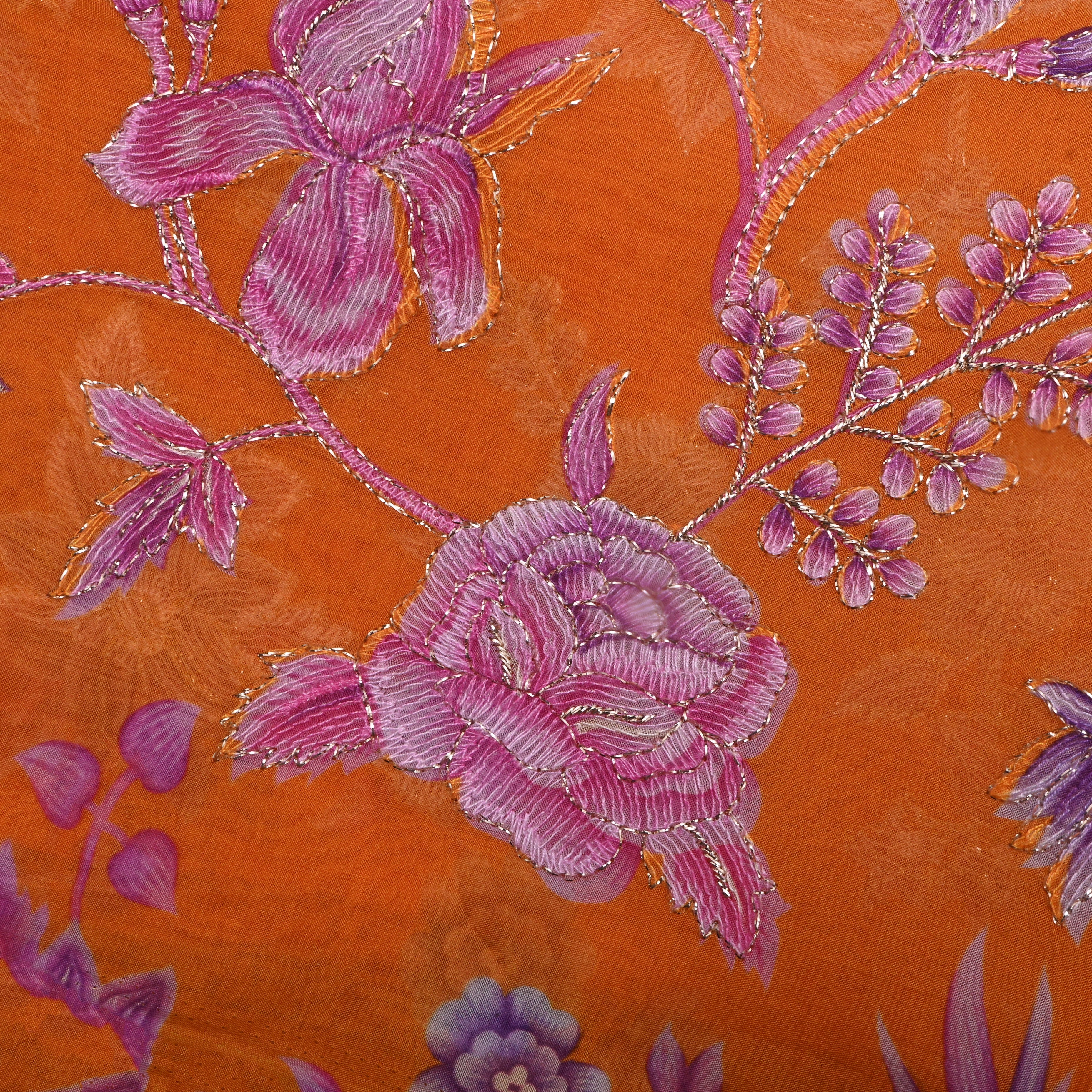 Orange Floral Printed Organza Fabric