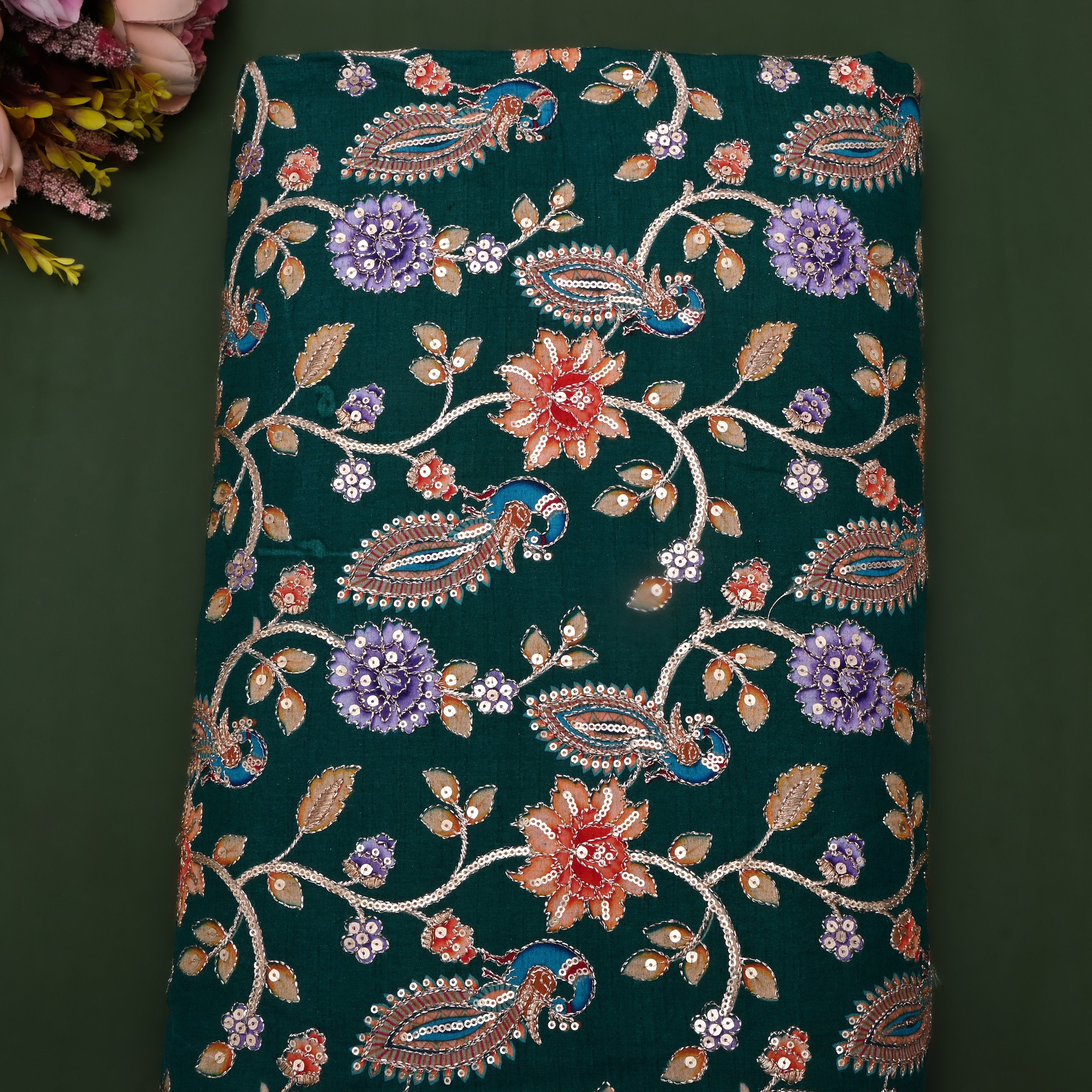 Bottle Green Floral Printed Silk Fabric