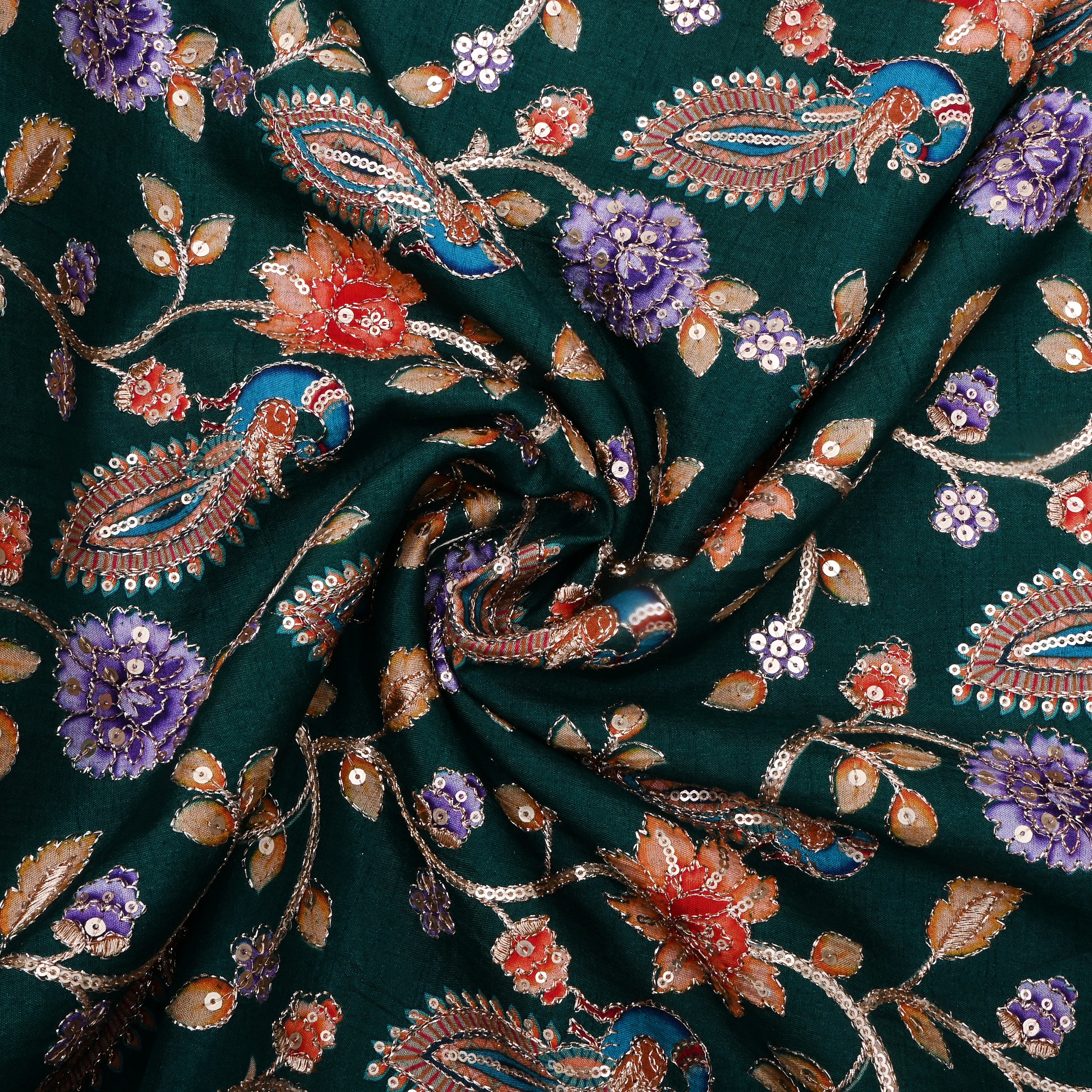 Bottle Green Floral Printed Silk Fabric