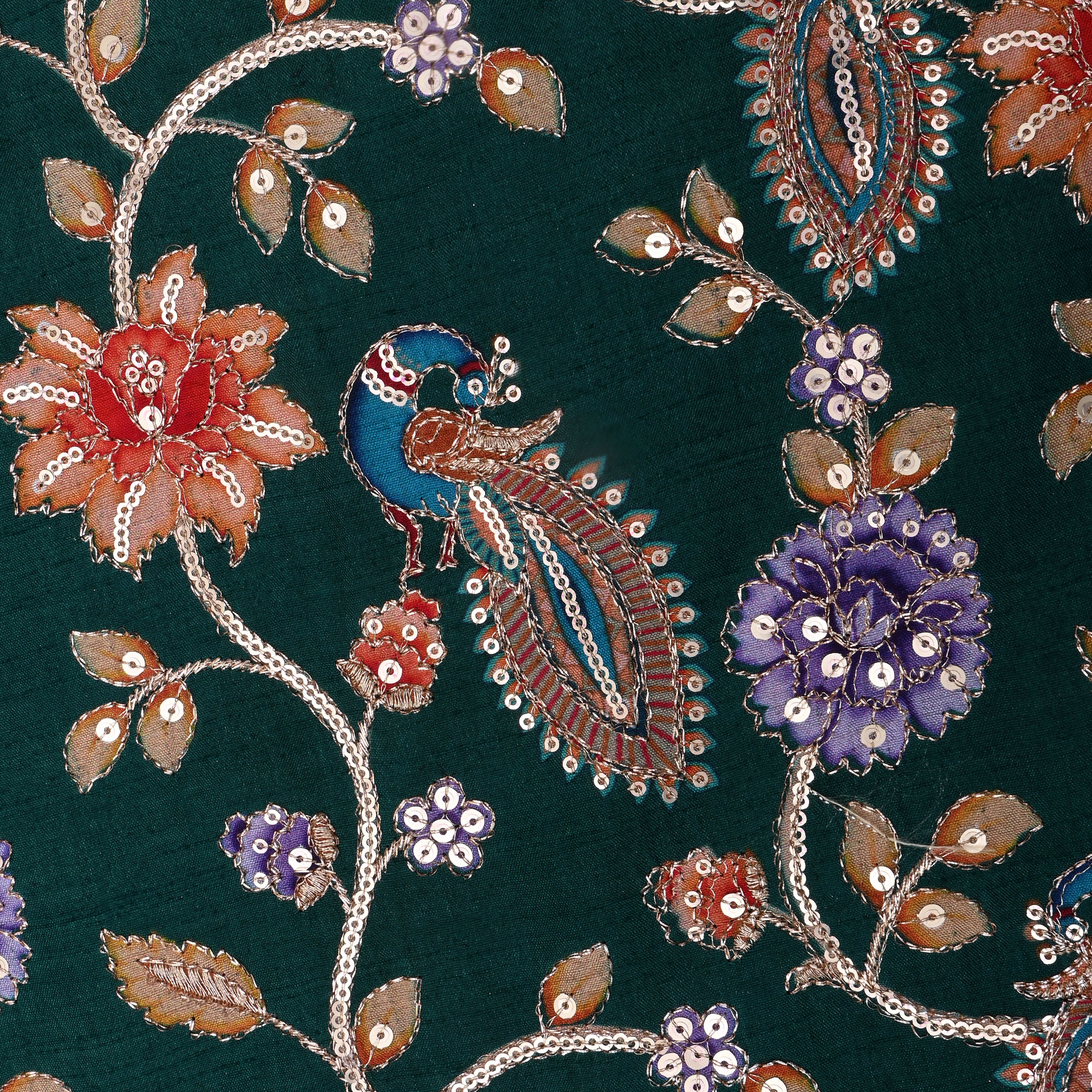 Bottle Green Floral Printed Silk Fabric