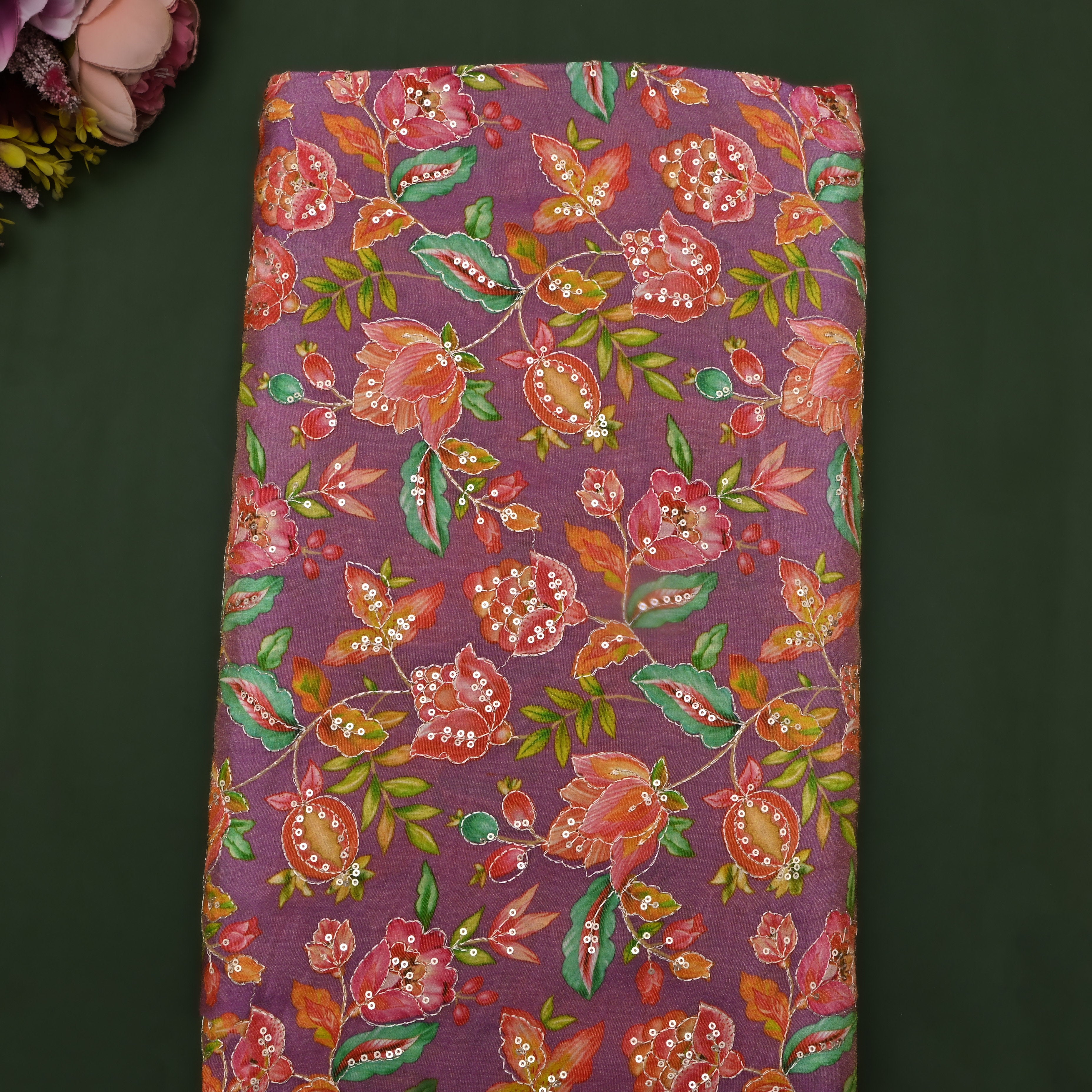 Mauve Purple Floral Printed Tissue Fabric