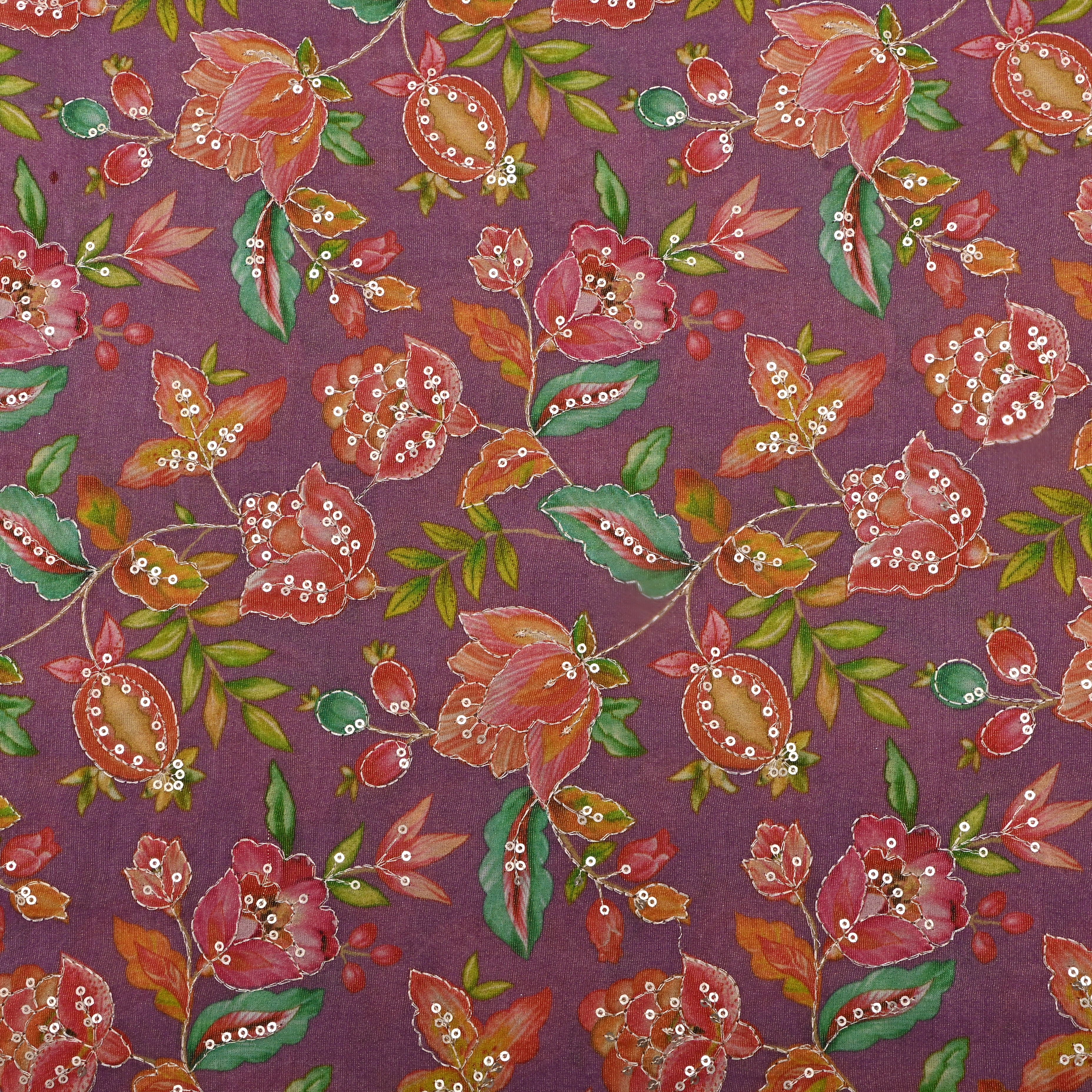 Mauve Purple Floral Printed Tissue Fabric