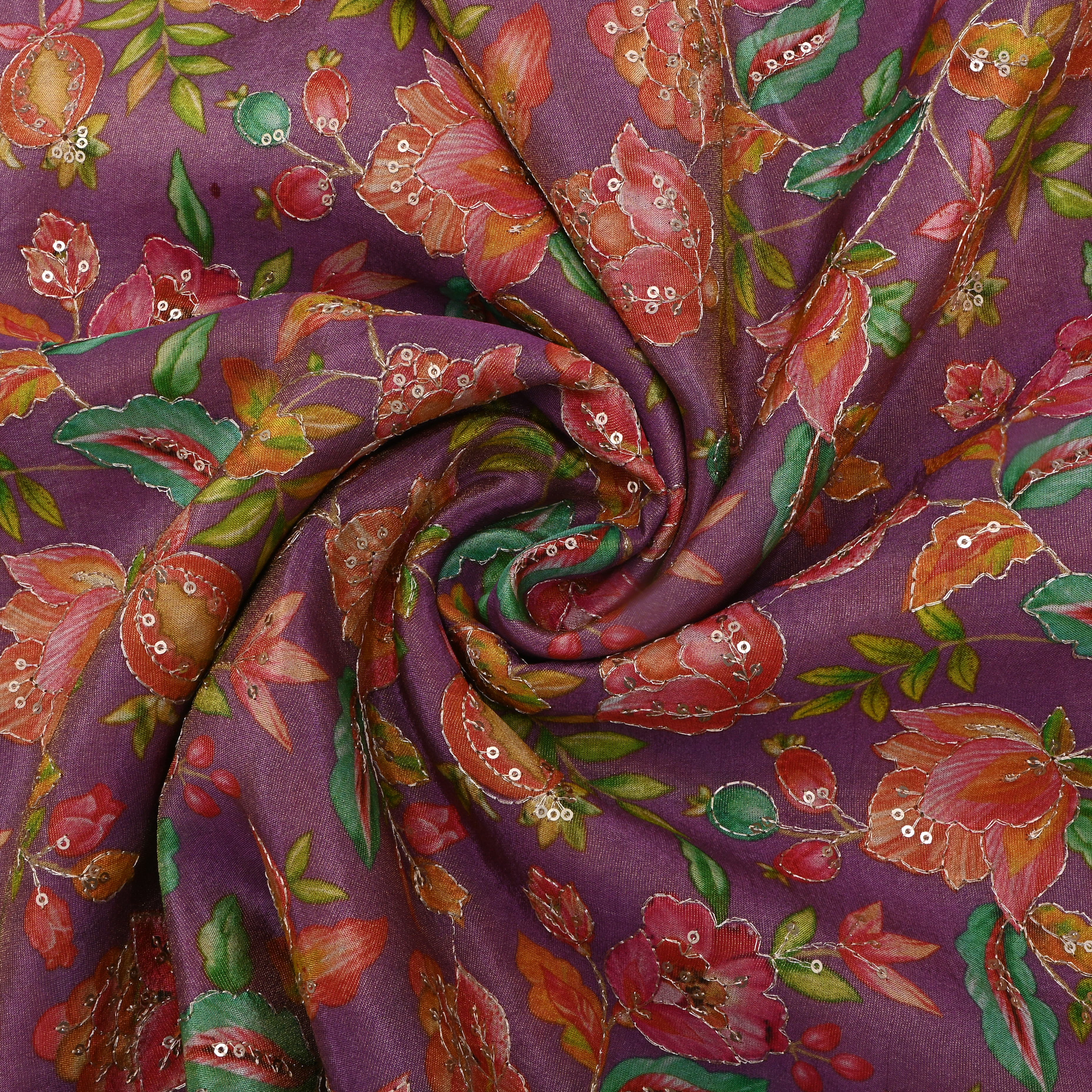 Mauve Purple Floral Printed Tissue Fabric