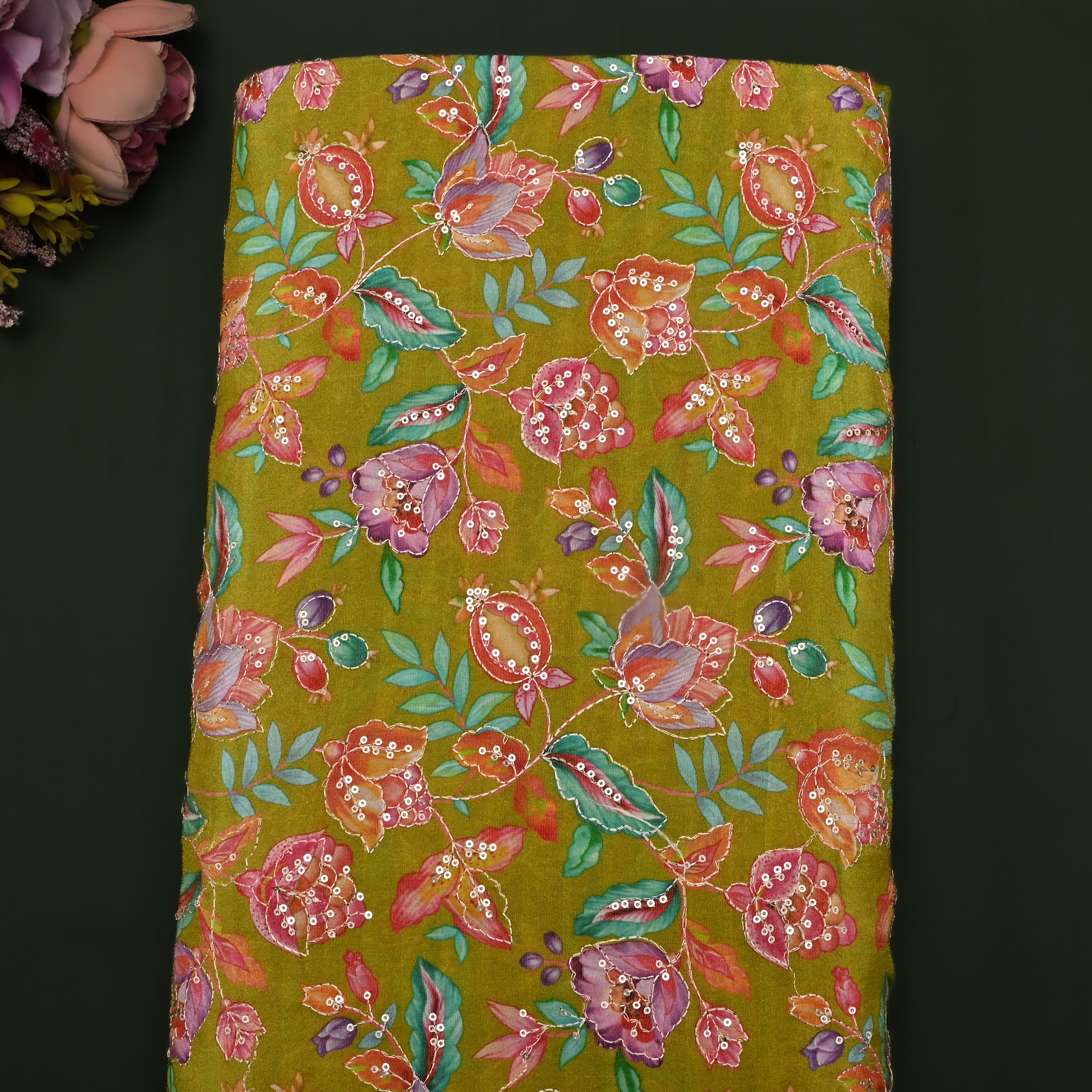 Pale Green Floral Printed Tissue Fabric