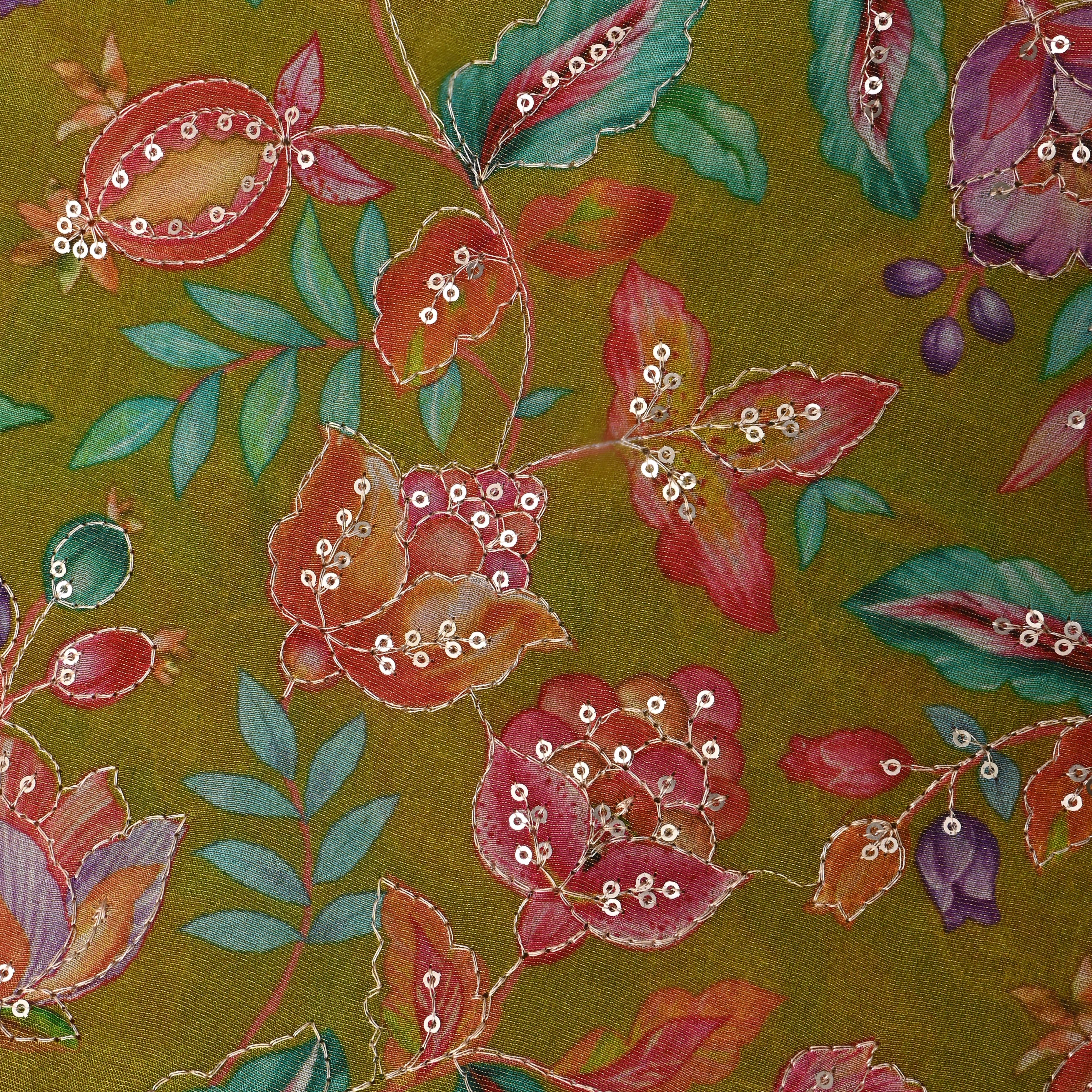 Pale Green Floral Printed Tissue Fabric