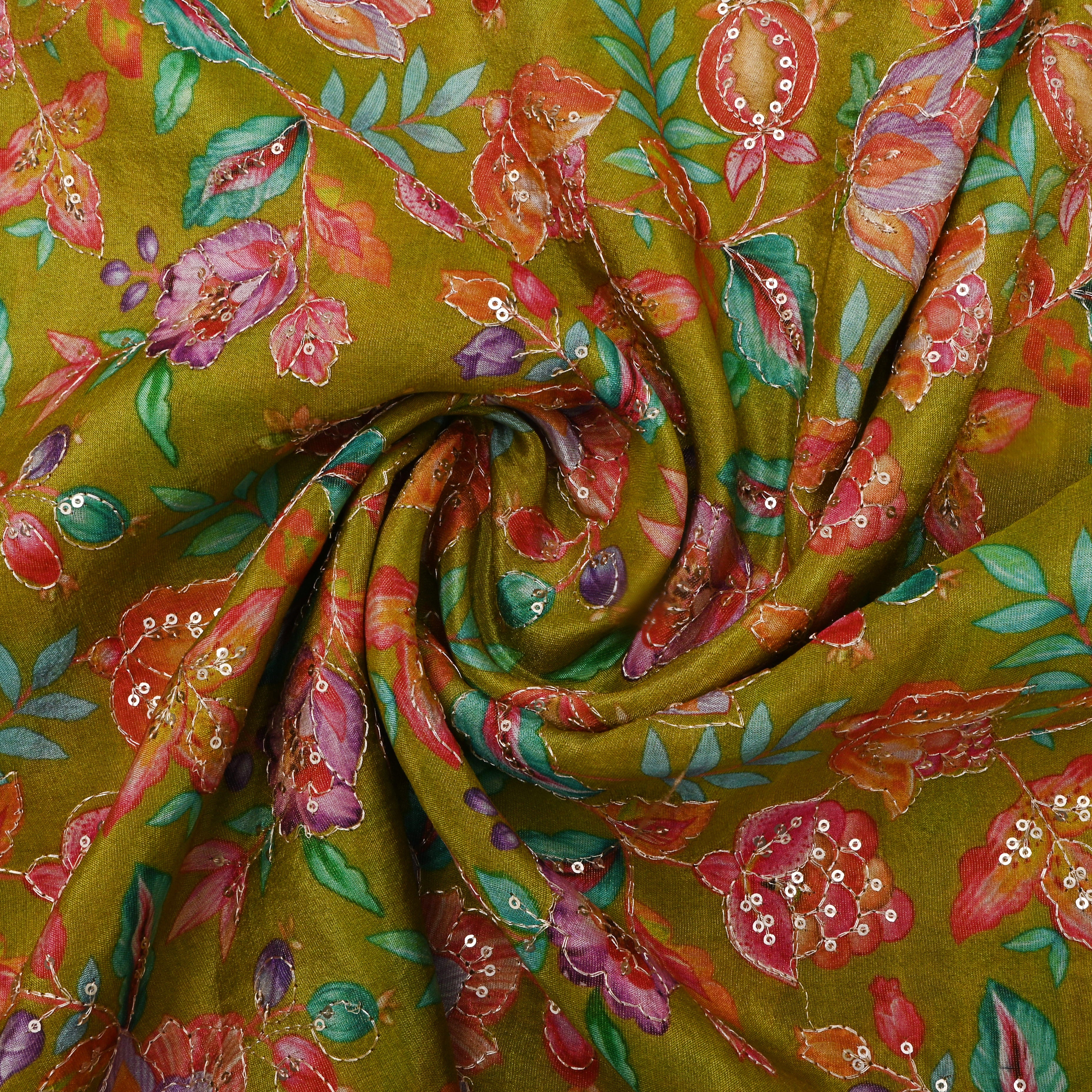 Pale Green Floral Printed Tissue Fabric