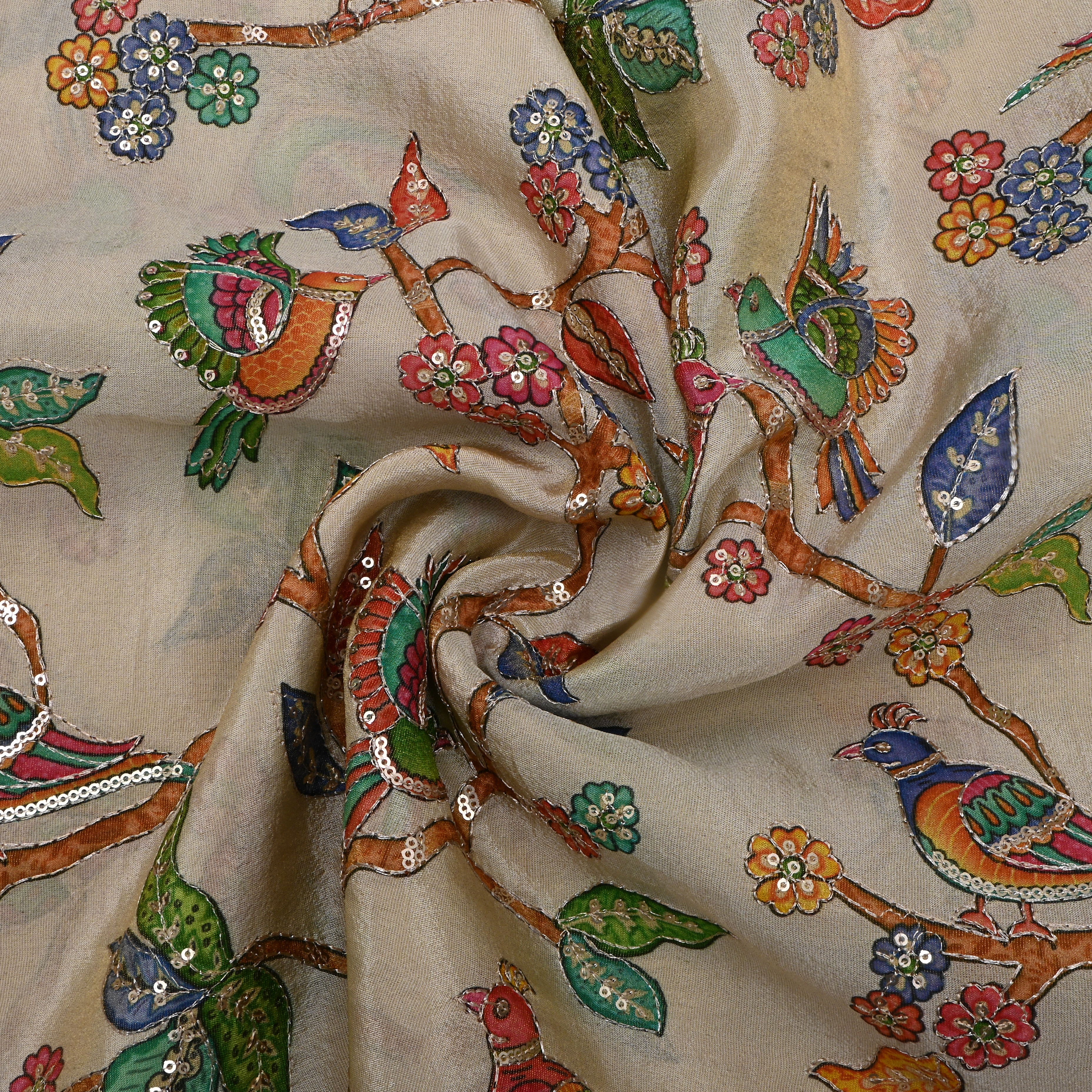 Light Beige Kalamkari Printed Tissue Fabric