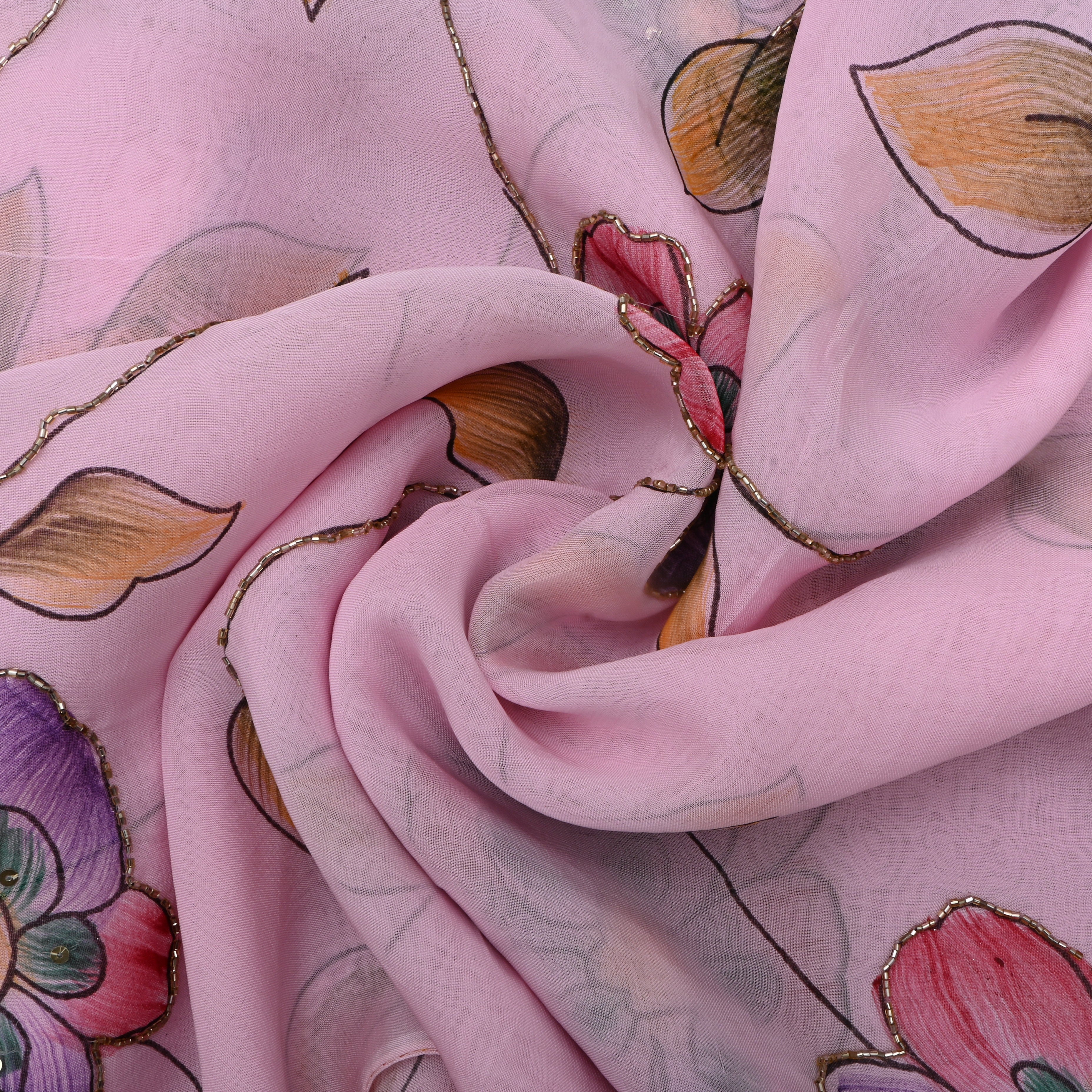 Pale Pastel Pink Floral Printed Organza Fabric