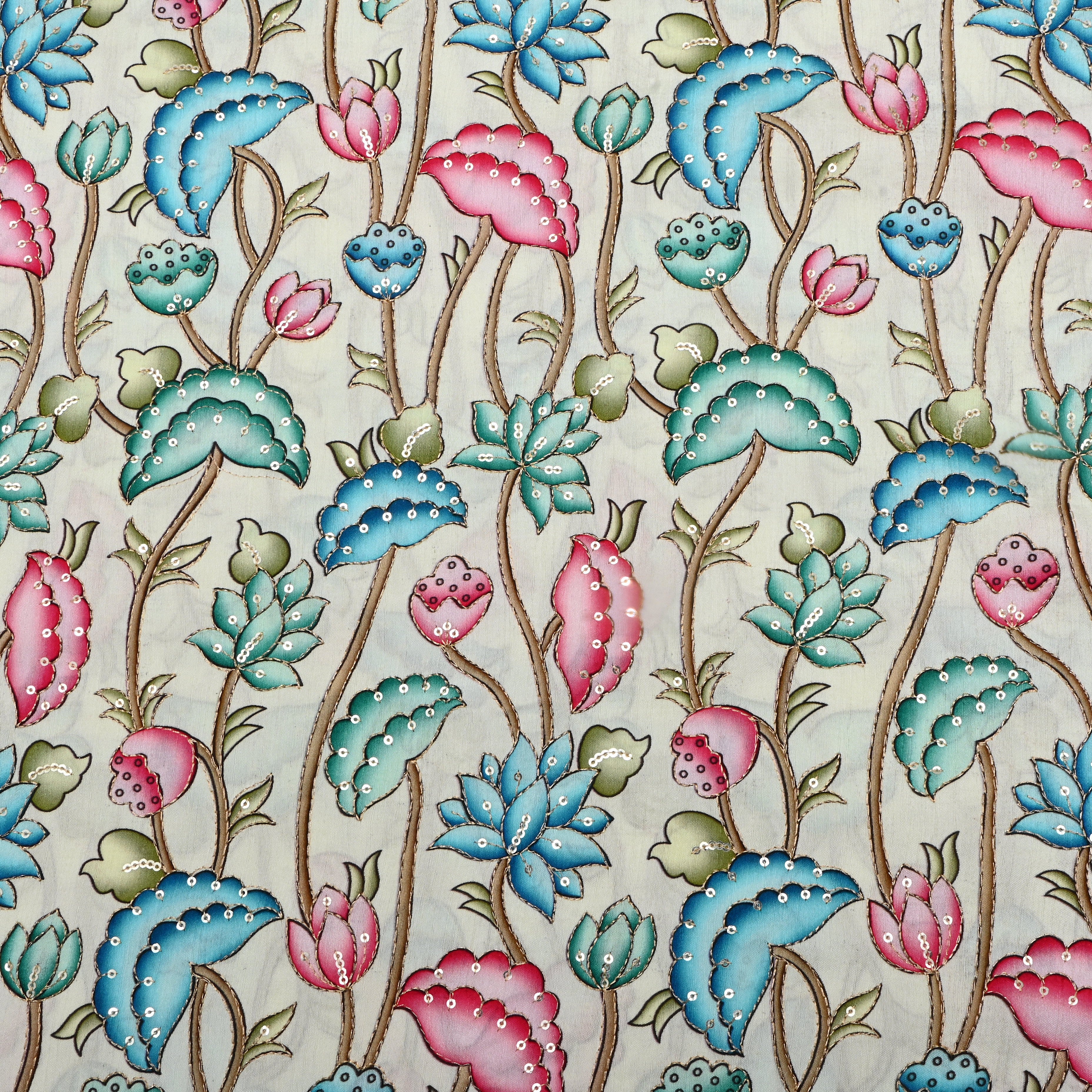 Off White Floral Printed Silk Fabric