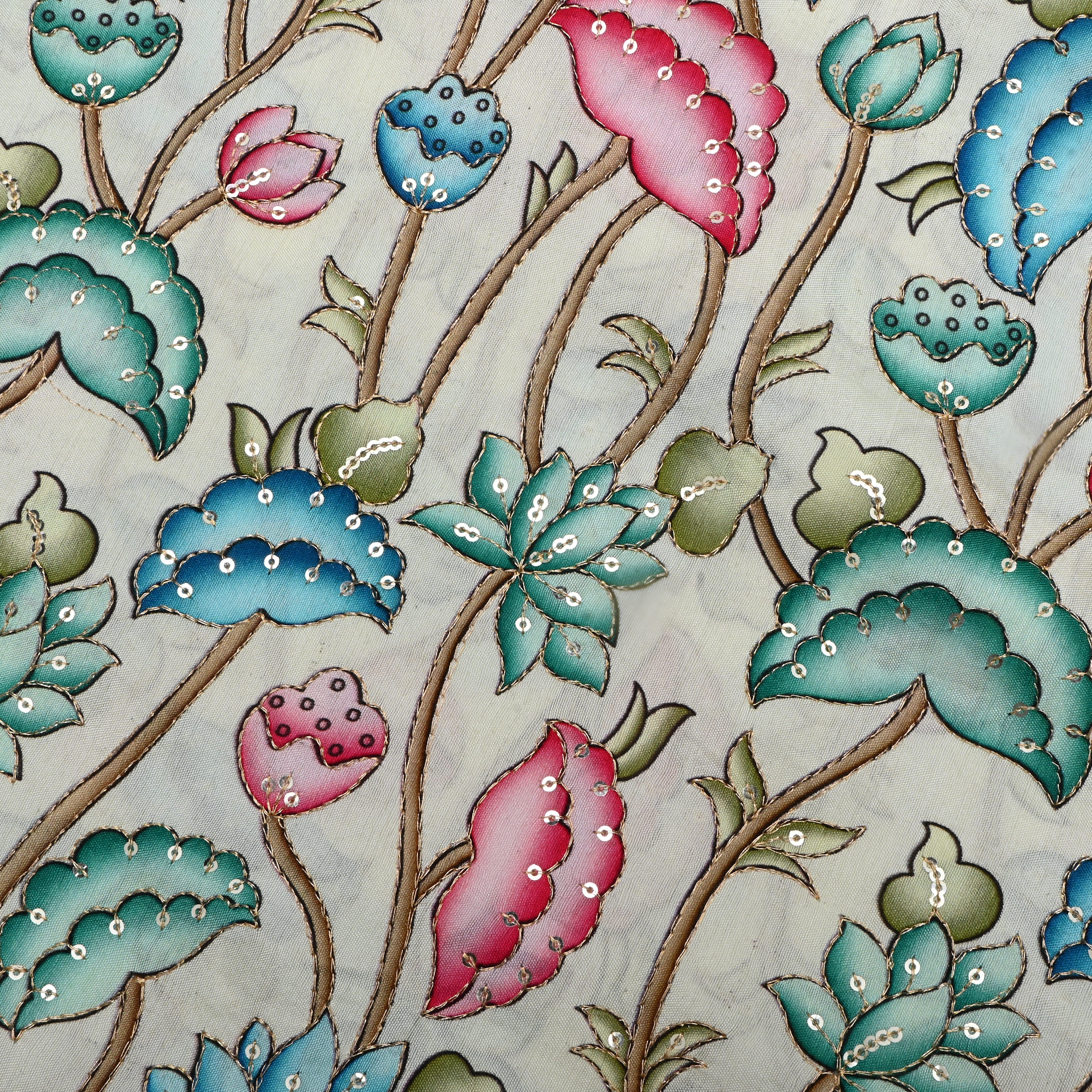 Off White Floral Printed Silk Fabric