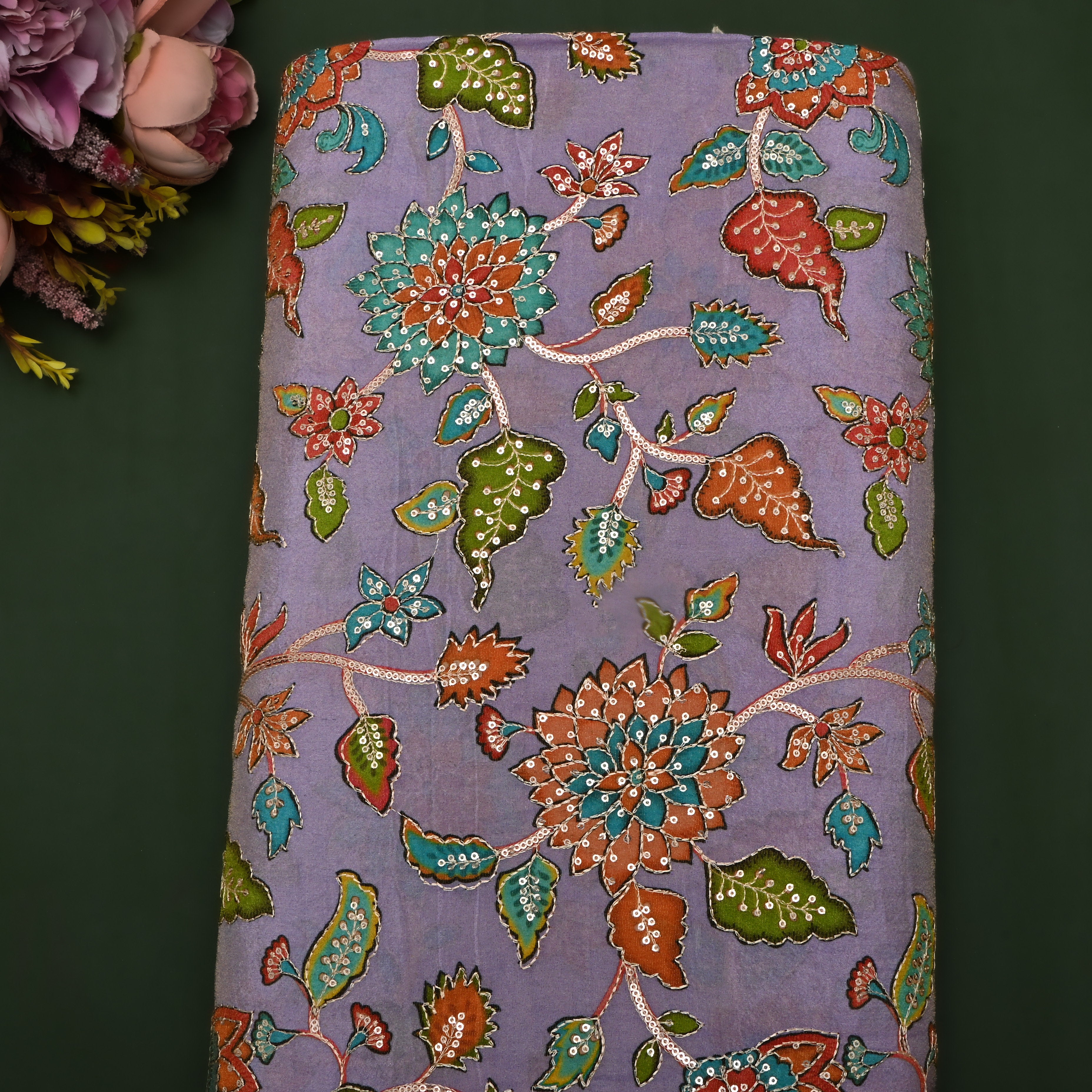 Lilac Sequin Embroidered Tissue Fabric